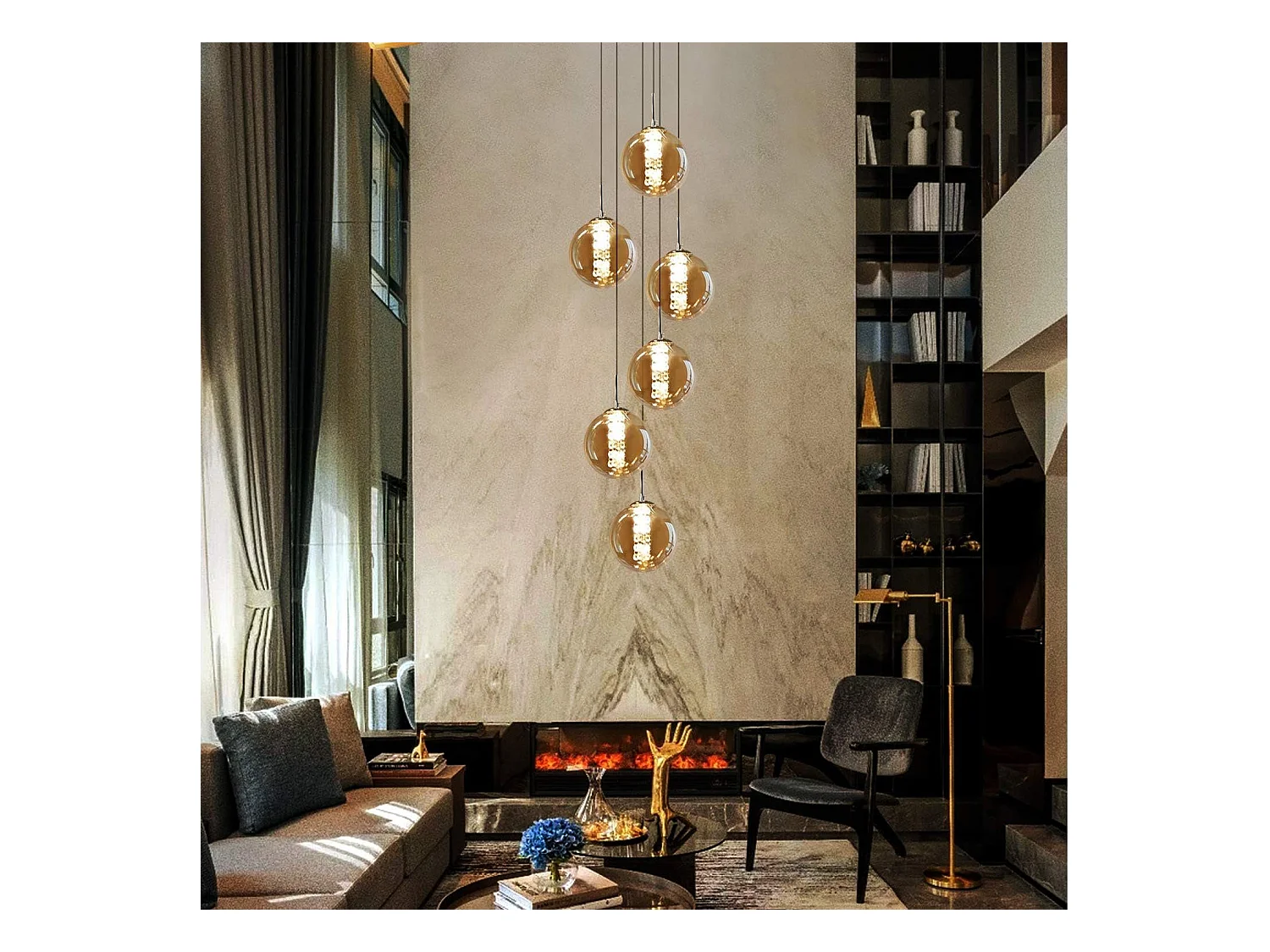 NETTLIFE Lámpara colgante de cristal Diam.31cm G9 bola de mesa de  ámbar regulable en altura 6 lámparas en la  lámpara de salón lámpara de dormitorio