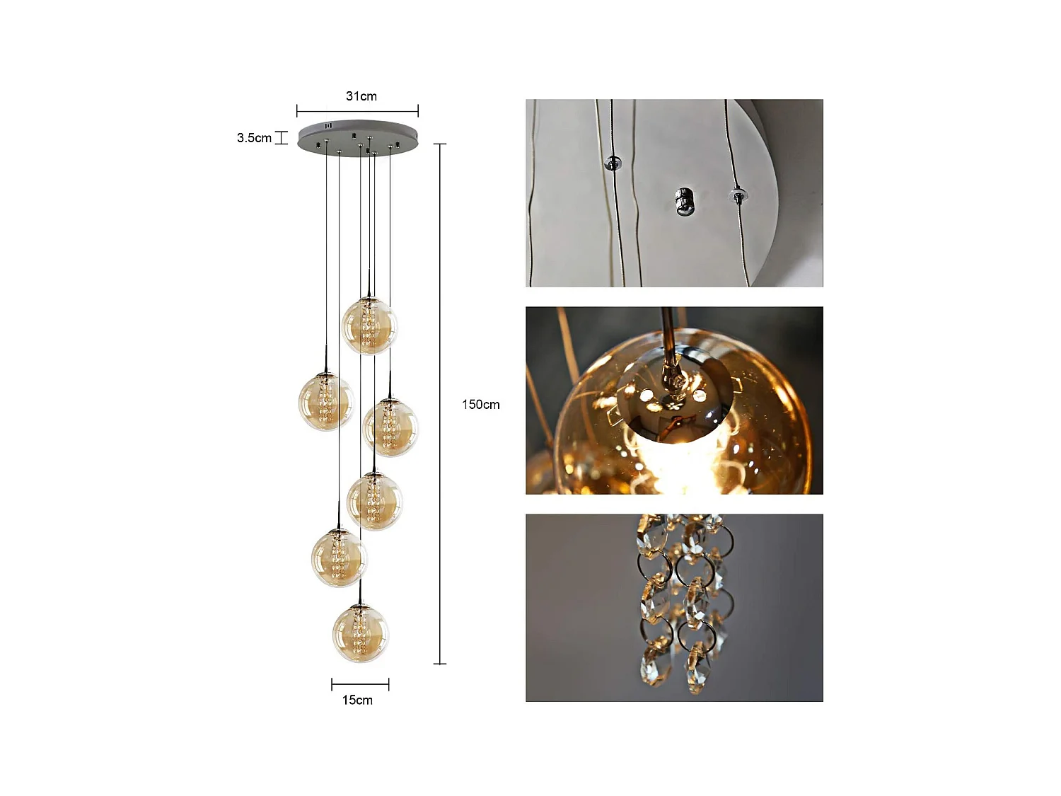 NETTLIFE Lámpara colgante de cristal Diam.31cm G9 bola de mesa de  ámbar regulable en altura 6 lámparas en la  lámpara de salón lámpara de dormitorio