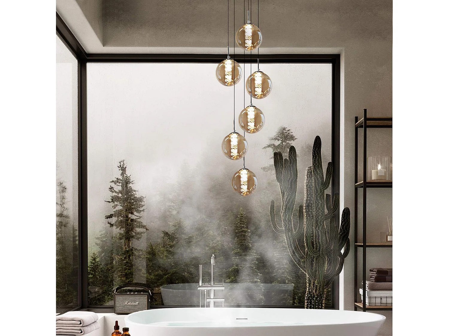 NETTLIFE Suspension verre Diam.31cm G9 ambre table à manger boule réglable en hauteur 6 lampes dans la cuisine lampe de salon lampe de chambre