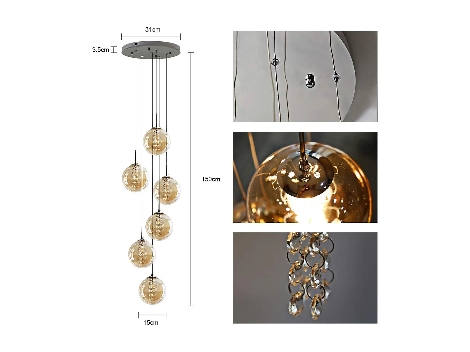 NETTLIFE Suspension verre Diam.31cm G9 ambre table à manger boule réglable en hauteur 6 lampes dans la cuisine lampe de salon lampe de chambre