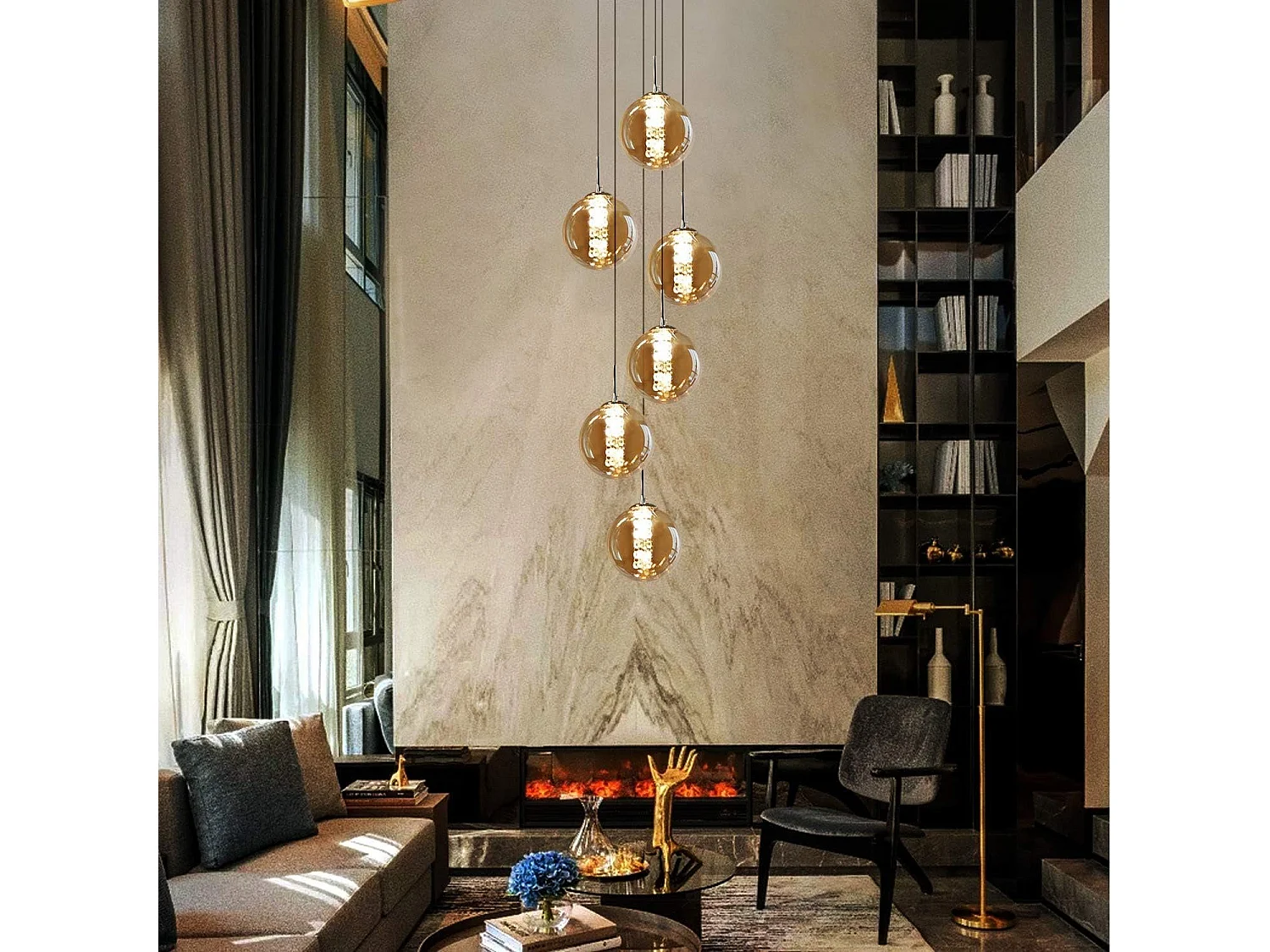 NETTLIFE Suspension verre Diam.31cm G9 ambre table à manger boule réglable en hauteur 6 lampes dans la cuisine lampe de salon lampe de chambre