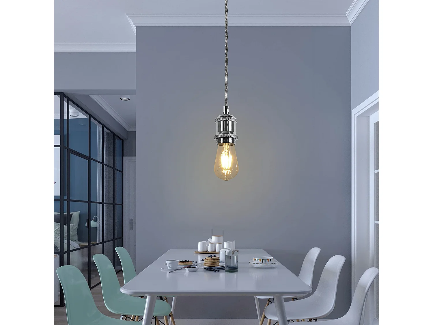 NETTLIFE Suspension Lampe Métal Argent Diam.10cm E27 Vintage Cordon Douille avec Câble 1,3M 1 Ampoule Montage Plafond pour Salle à Manger, Bar, Café