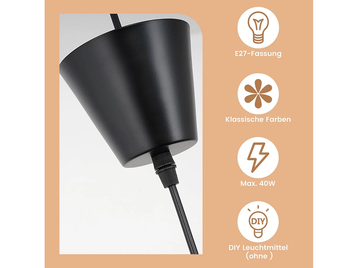 NETTLIFE Zawieszenie E27 Czarny nowoczesny wzór kapelusza Średnica 140 cm Poliwęglan Maks. 40 W do salonu, jadalni, kuchni, bez żarówki