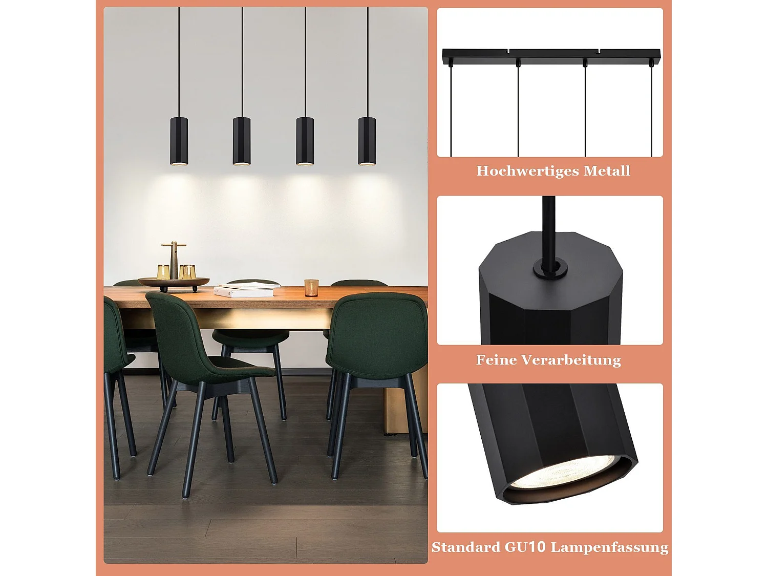 NETTLIFE Czarna metalowa lampa wisząca średnica 60 cm GU10 4 płomienie przemysłowy salon jadalnia nowoczesna lampa do wnętrza kuchnia sypialnia