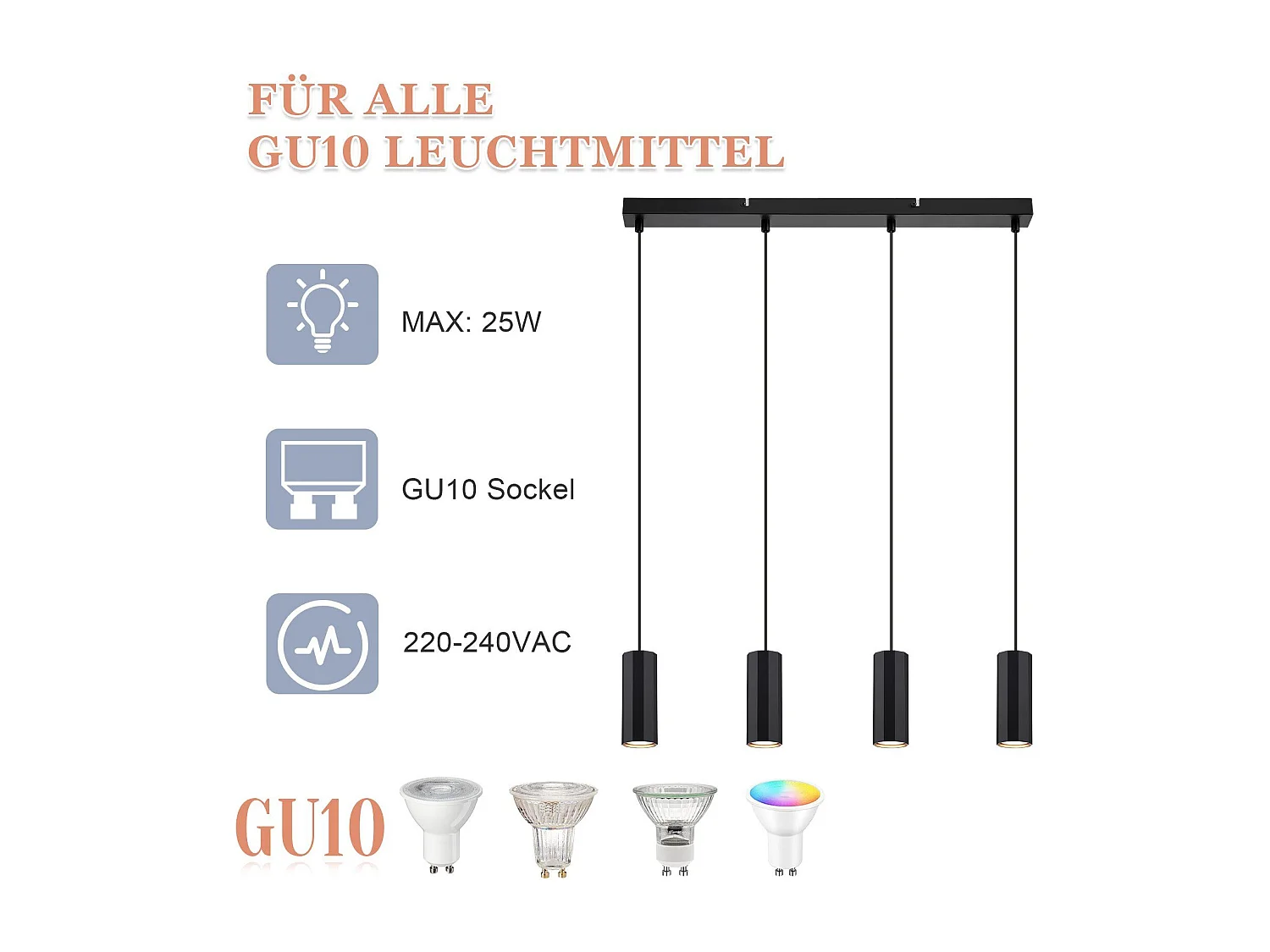 NETTLIFE Suspension métal noir diamètre 60 cm GU10 4 flammes salon industriel salle à manger lampe moderne pour intérieur cuisine chambre