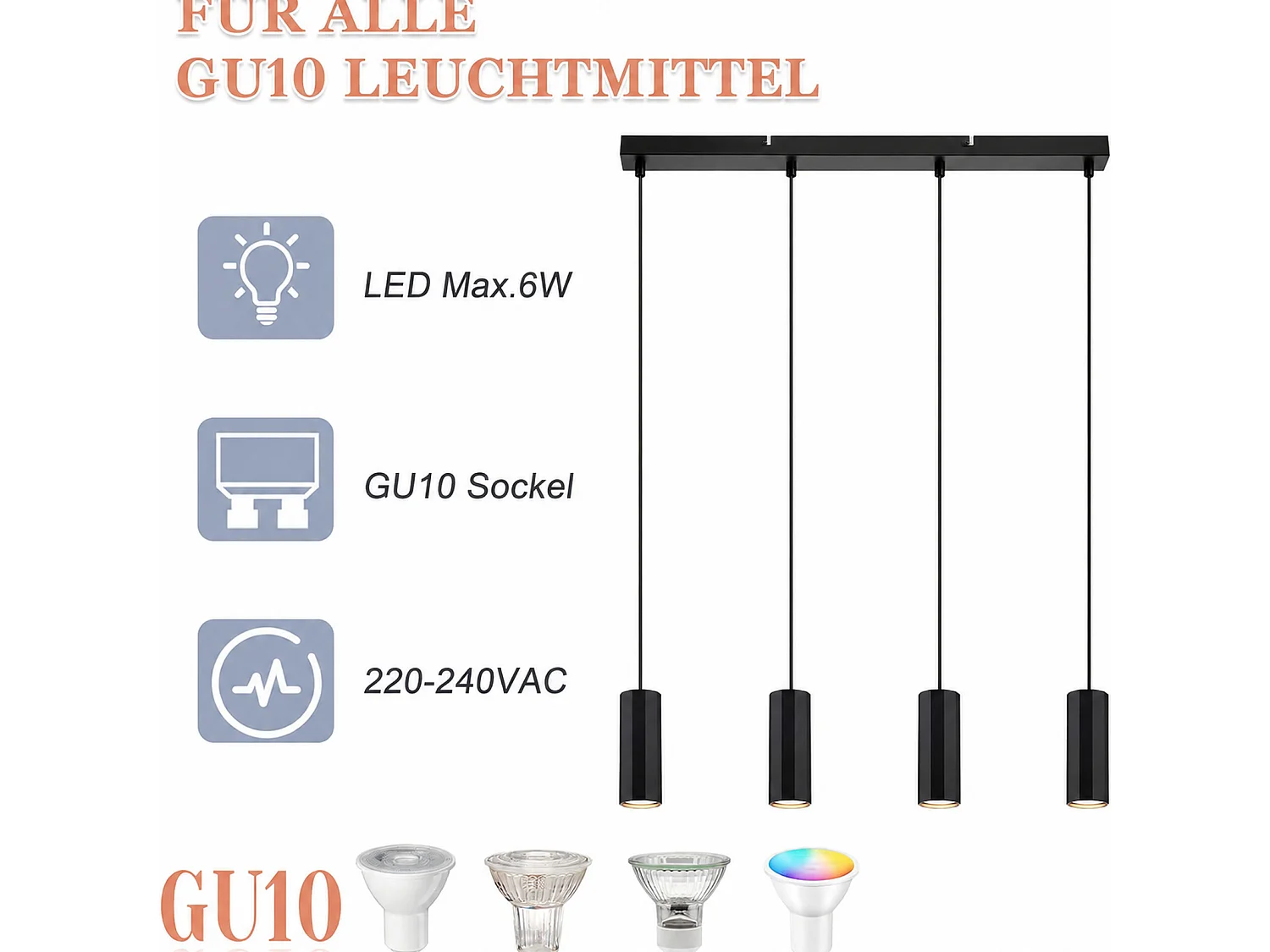 Nettlife Suspension métal noir diamètre 60 cm GU10 4 flammes salon industriel salle à manger lampe moderne pour intérieur cuisine chambre – Design moderne