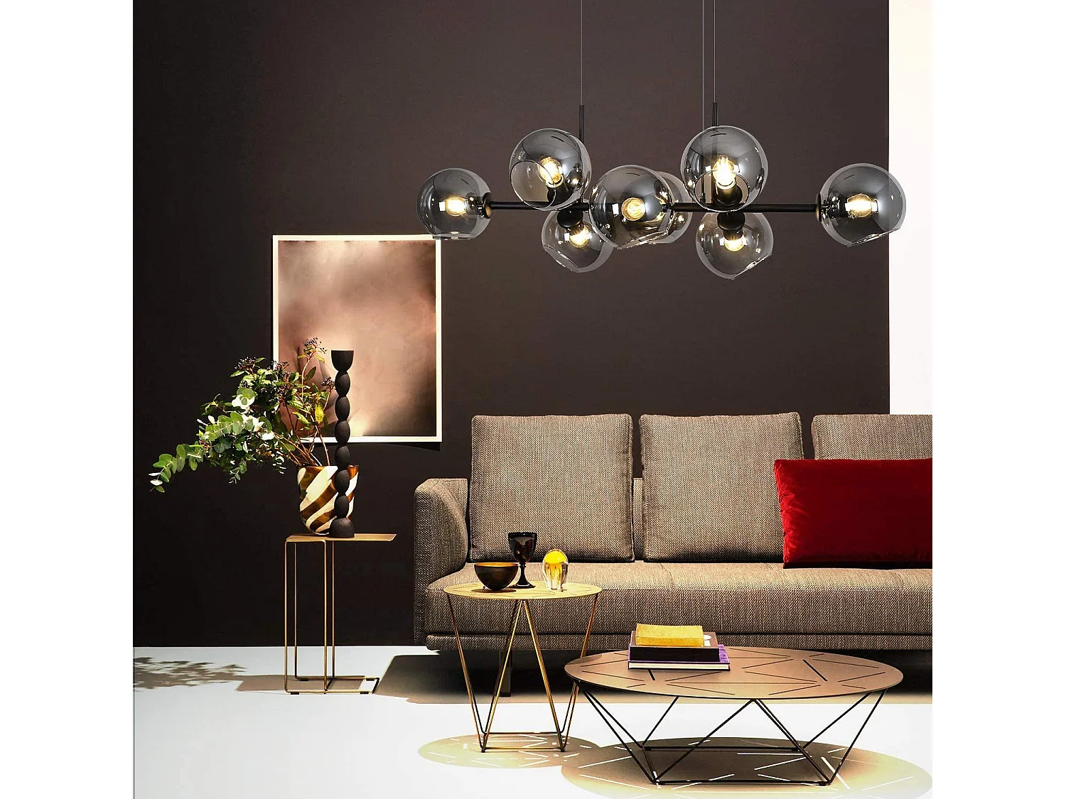 NETTLIFE Suspension Verre Diam.105cm E27 8 Flammes Lampe Suspendue Salon Chambre Salle à Manger Boule de Verre Moderne Ambre pour Cuisine Hôtel