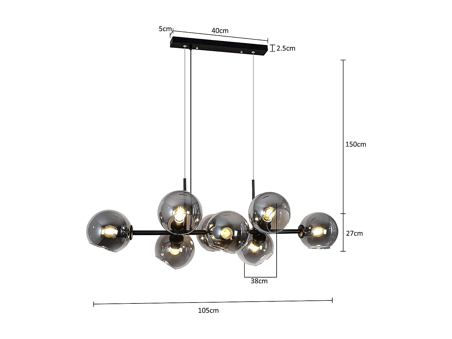 NETTLIFE Suspension Verre Diam.105cm E27 8 Flammes Lampe Suspendue Salon Chambre Salle à Manger Boule de Verre Moderne Ambre pour Cuisine Hôtel