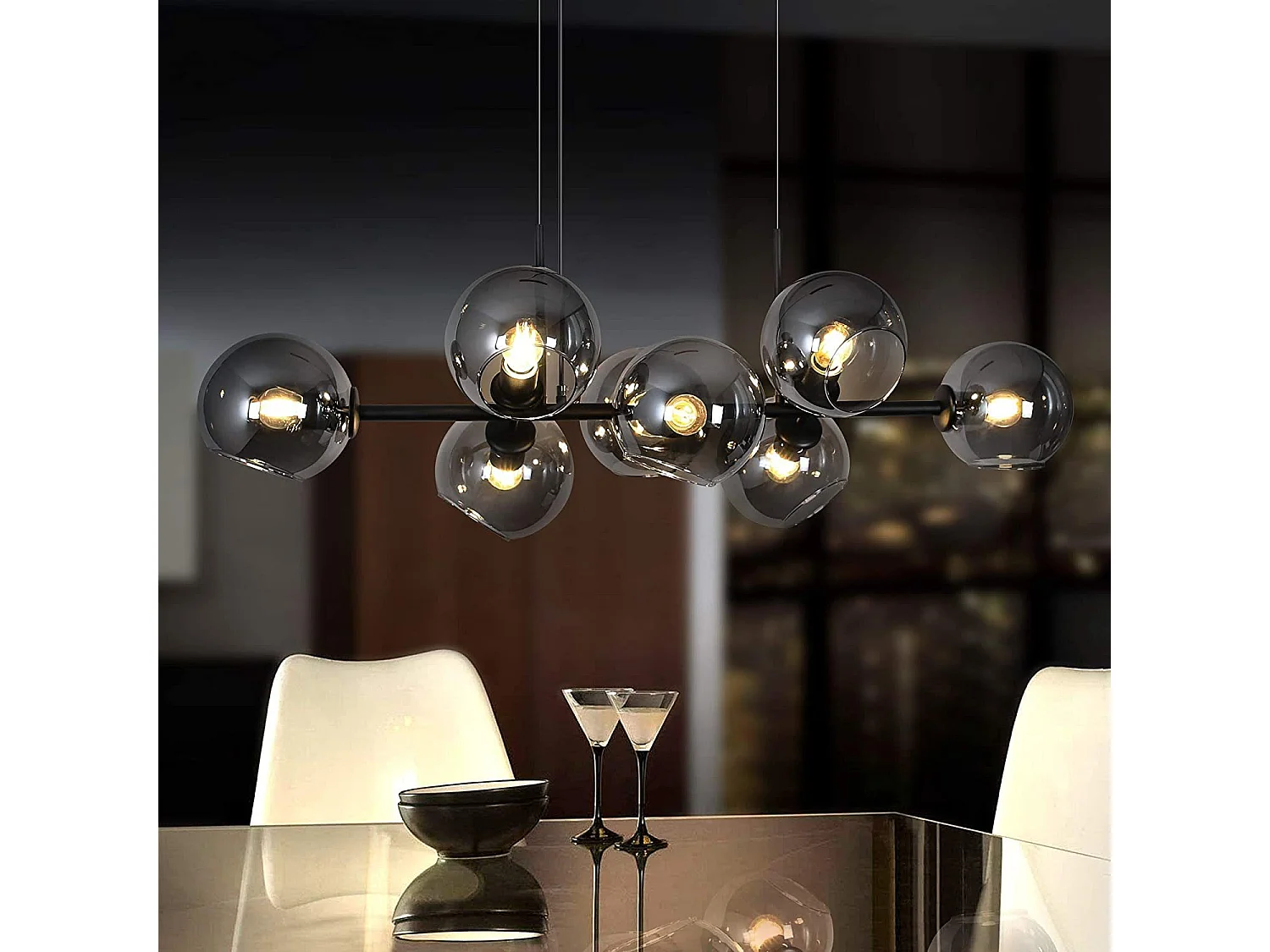 NETTLIFE Suspension Verre Diam.105cm E27 8 Flammes Lampe Suspendue Salon Chambre Salle à Manger Boule de Verre Moderne Ambre pour Cuisine Hôtel