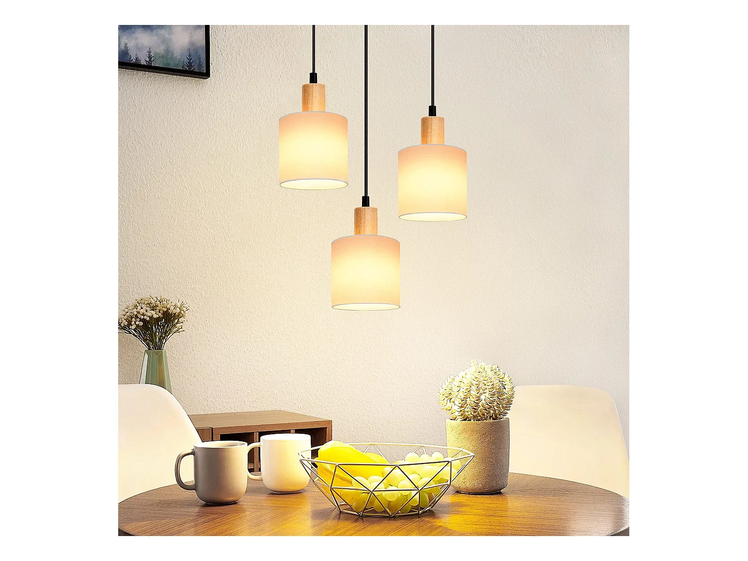 NETTLIFE Hanglamp - wit - 3xE14 - hout Design - rond - vintage eetkamerlamp - stoffen kap = voor restaurant | keuken | woonkamer | studeerkamer