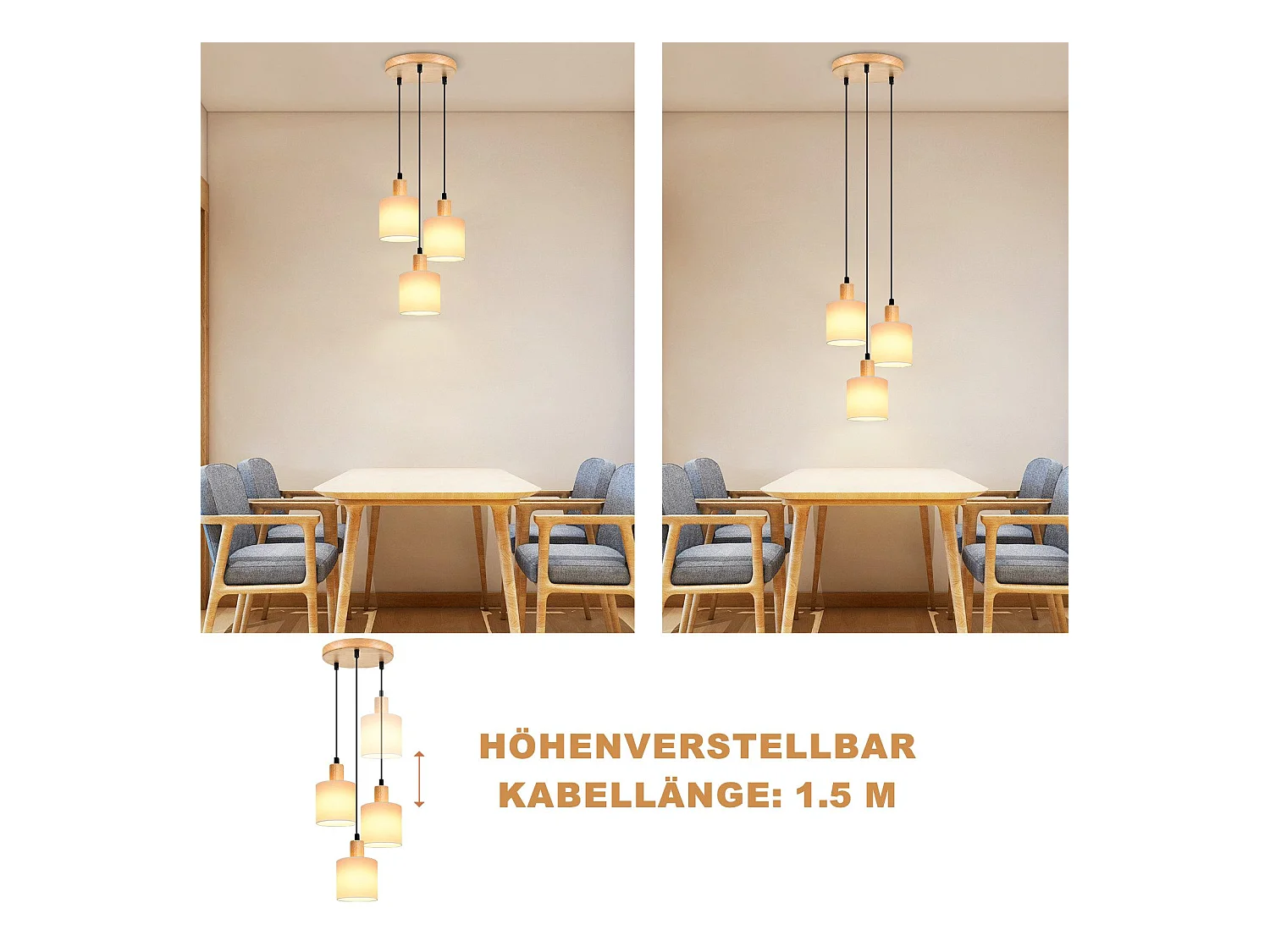 NETTLIFE Suspension bois blanc Diam.20 cm E14 vintage 3 ampoules ronde pour salle à manger restaurant cuisine chambre bureau