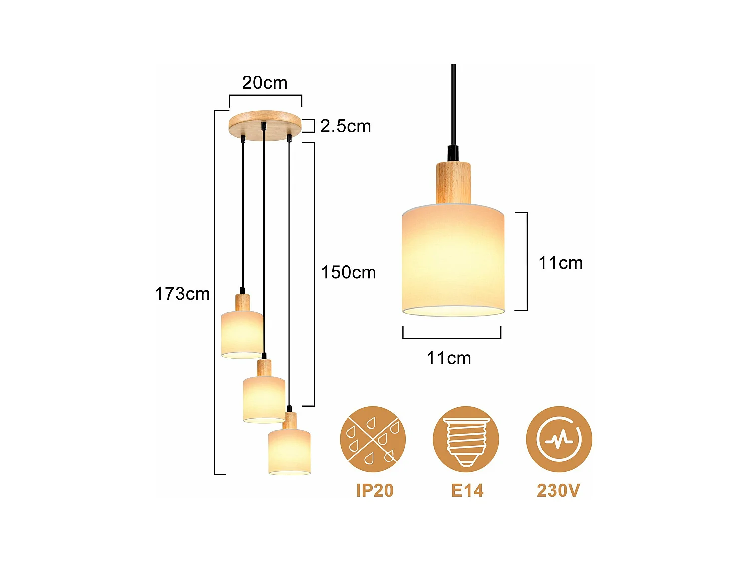NETTLIFE Suspension bois blanc Diam.20 cm E14 vintage 3 ampoules ronde pour salle à manger restaurant cuisine chambre bureau