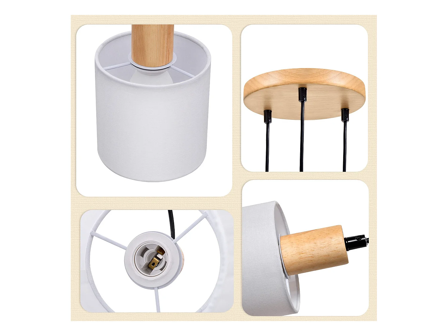 NETTLIFE Suspension bois blanc Diam.20 cm E14 vintage 3 ampoules ronde pour salle à manger restaurant cuisine chambre bureau