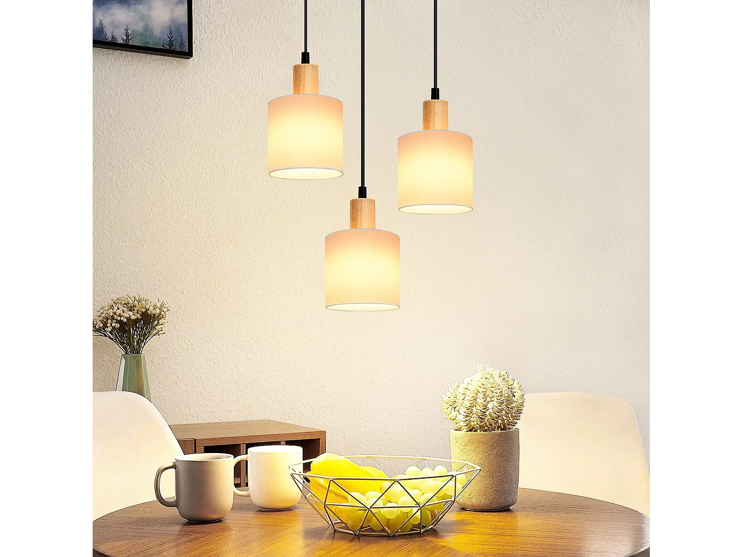 NETTLIFE Suspension bois blanc Diam.20 cm E14 vintage 3 ampoules ronde pour salle à manger restaurant cuisine chambre bureau