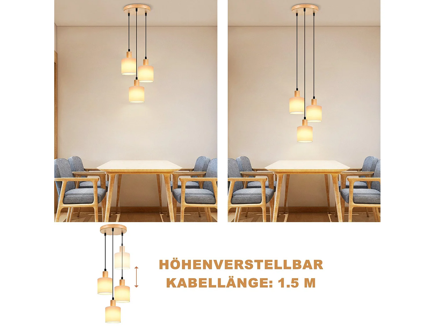 NETTLIFE Suspension bois blanc Diam.20 cm E14 vintage 3 ampoules ronde pour salle à manger restaurant cuisine chambre bureau