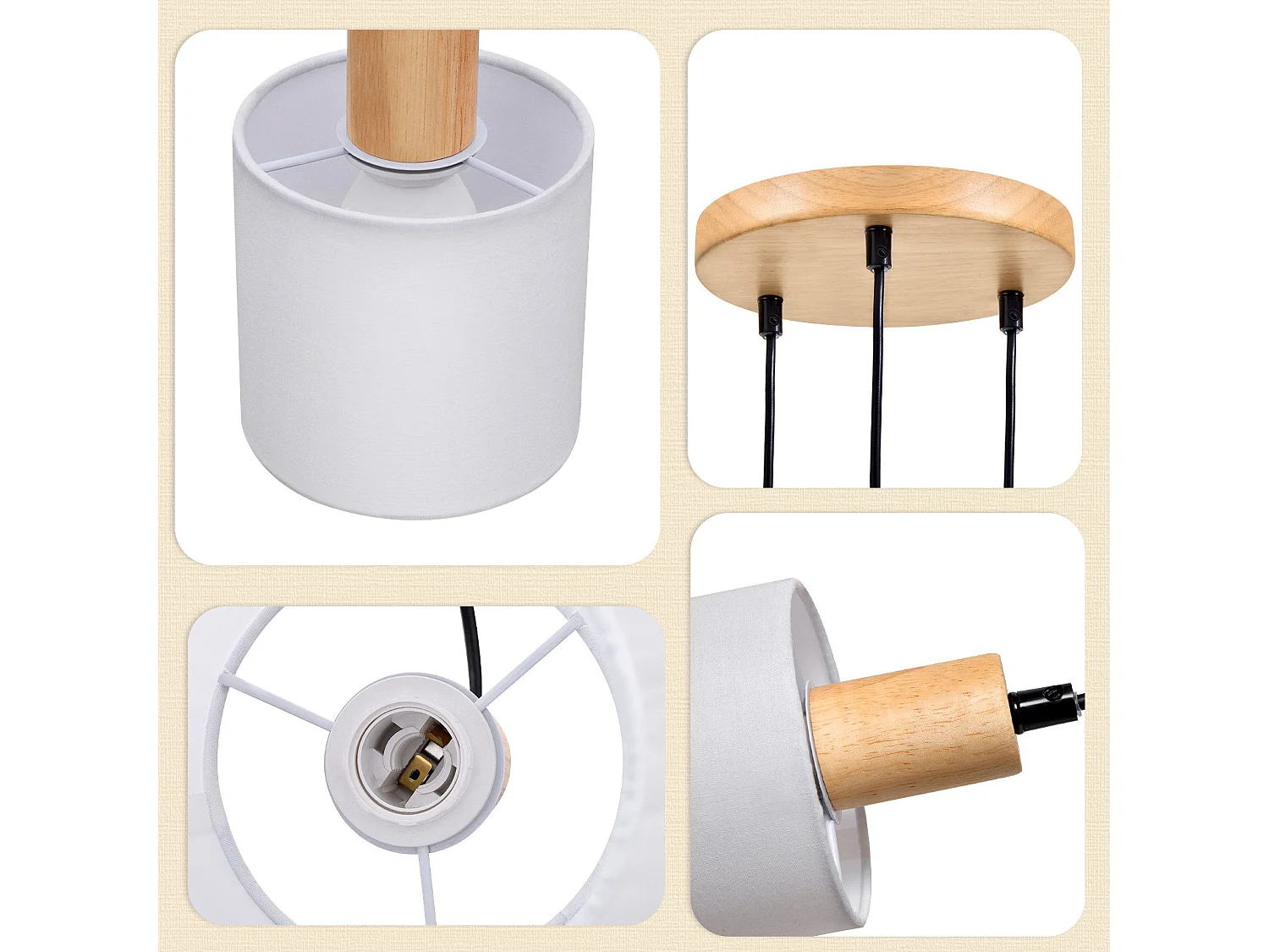 NETTLIFE Suspension bois blanc Diam.20 cm E14 vintage 3 ampoules ronde pour salle à manger restaurant cuisine chambre bureau