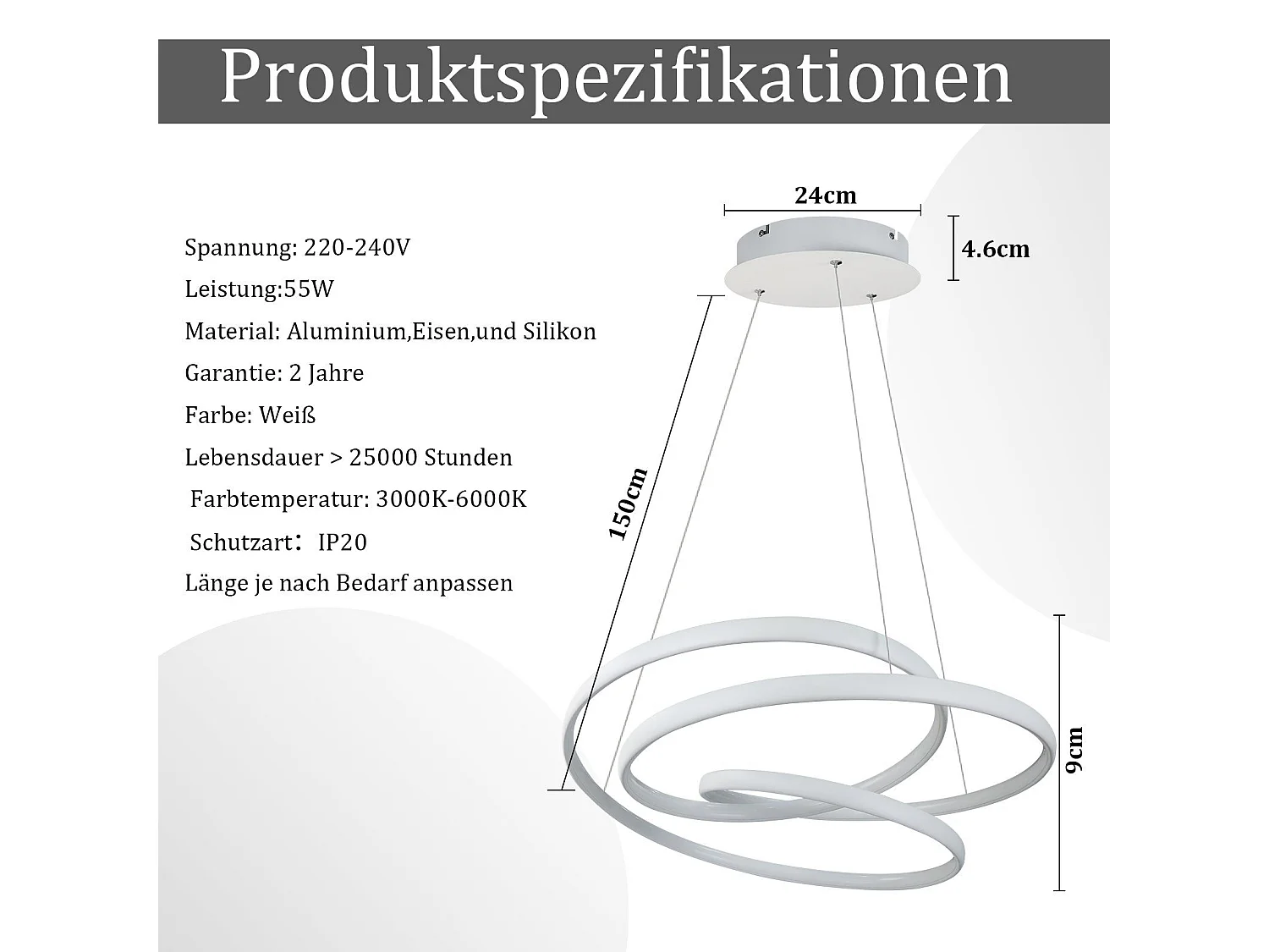 NETTLIFE LED-Pendelleuchte, Durchmesser 50 cm, 55 W, weißes Eisen, Esstisch, dimmbar, moderne Esstischlampe mit Fernbedienung für Wohnzimmer, Schlafzimmer, Küche
