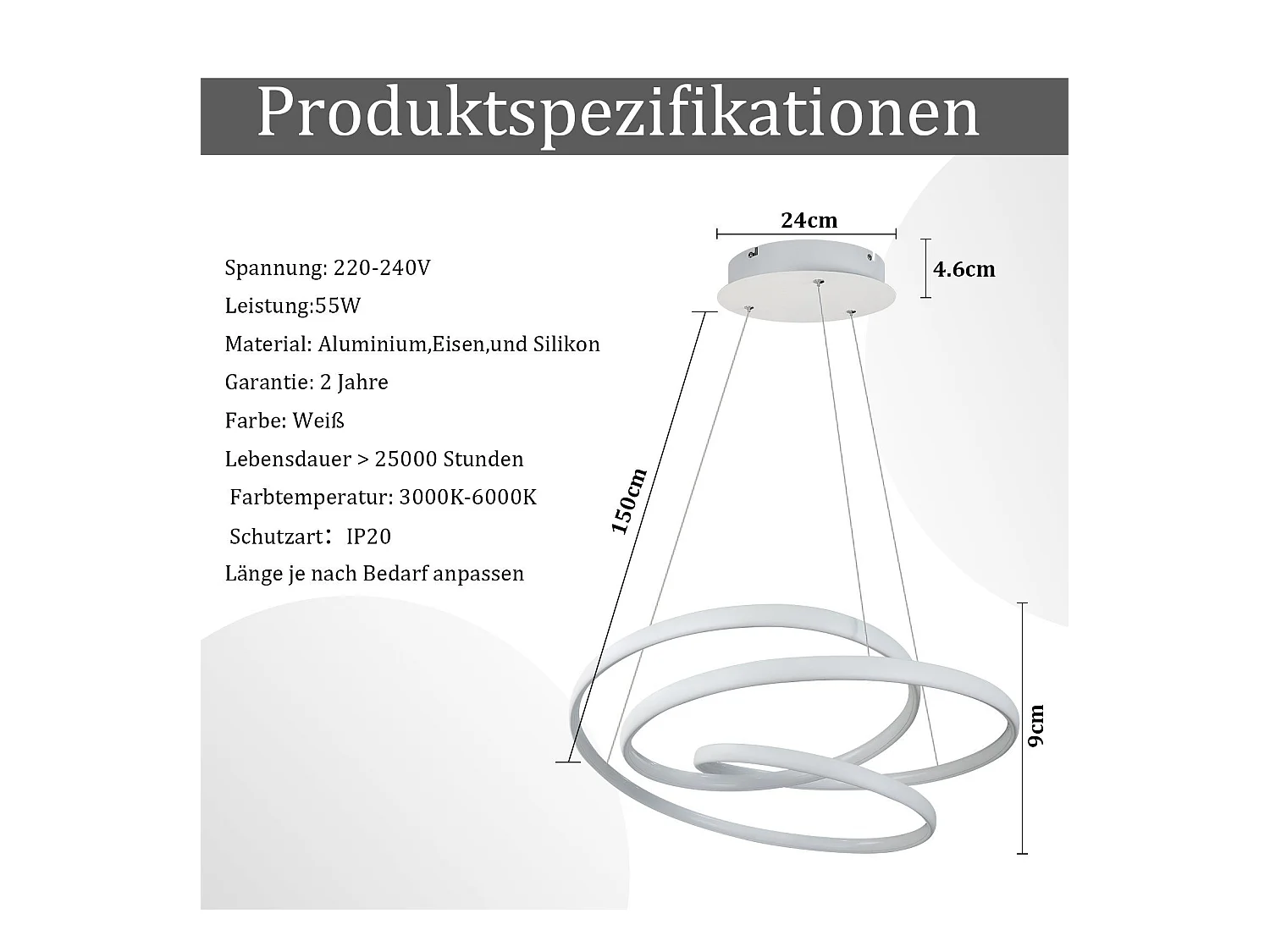 NETTLIFE Lámpara Colgante LED Diam.50CM 55W Mesa de de Hierro Blanco Lámpara de Mesa de Moderna Regulable con Control Remoto para  Dormitorio