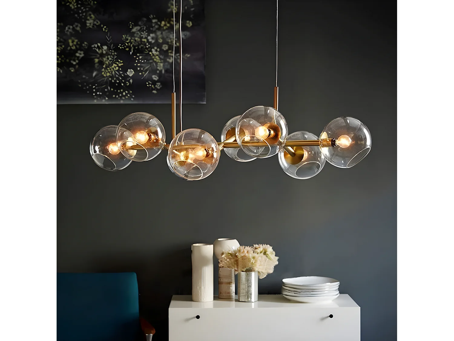 NETTLIFE Suspension LED en verre Diam.105 cm E27 avec 8 ampoules boule lumineuse lustre LED lampe de salon chambre lumière éclairage intérieur