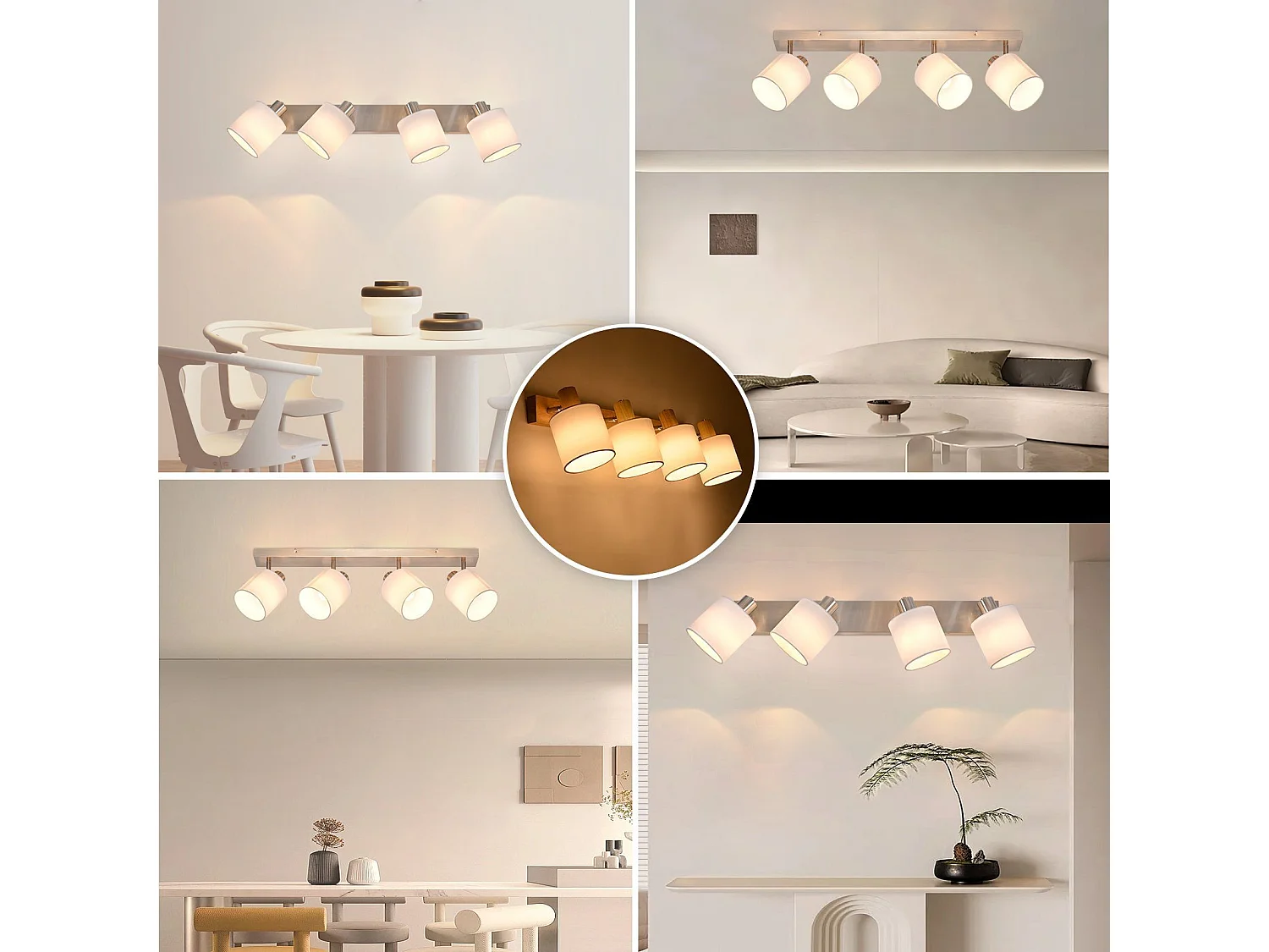 NETTLIFE Opbouwspot 4-lichts nikkel E14 Fitting met Stof Lampkap 350° draaibar Plafondspot Vintage Keukenlamp Max. 25W