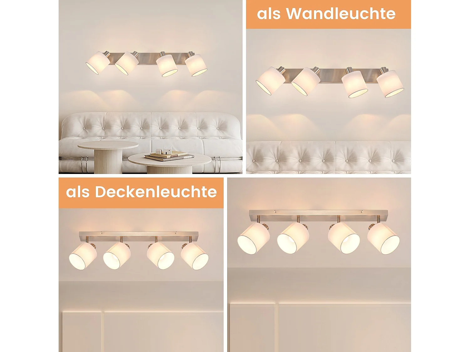 NETTLIFE Opbouwspot 4-lichts nikkel E14 Fitting met Stof Lampkap 350° draaibar Plafondspot Vintage Keukenlamp Max. 25W