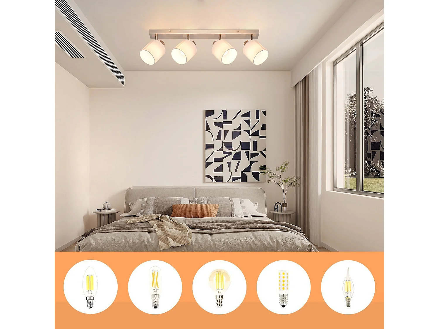 NETTLIFE Opbouwspot 4-lichts nikkel E14 Fitting met Stof Lampkap 350° draaibar Plafondspot Vintage Keukenlamp Max. 25W