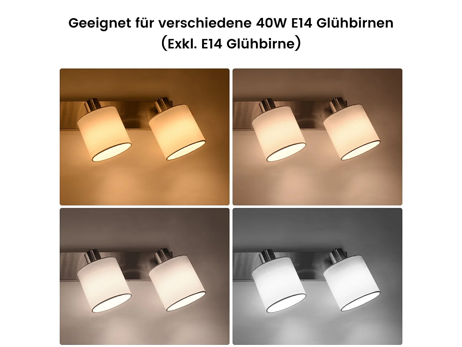 NETTLIFE Opbouwspot 4-lichts nikkel E14 Fitting met Stof Lampkap 350° draaibar Plafondspot Vintage Keukenlamp Max. 25W