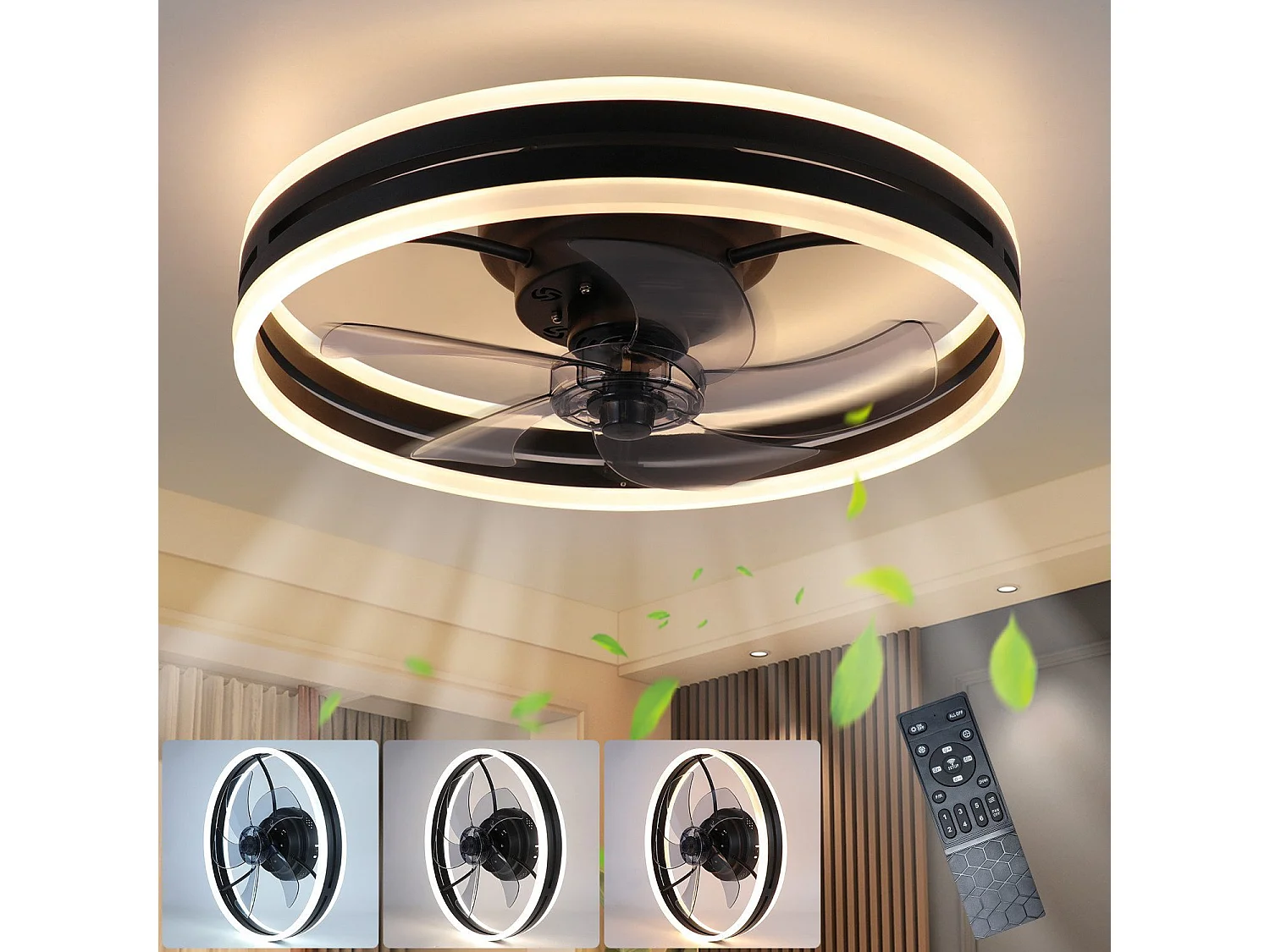 NETTLIFE Ventilateur de plafond avec éclairage LED et télécommande - Silencieux, lampe plafonnier dimmable avec ventilateur, minuterie