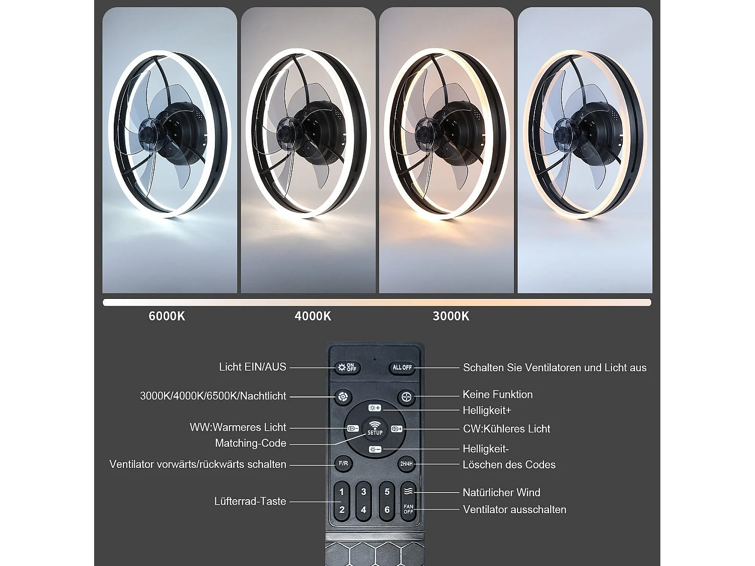 NETTLIFE Ventilateur de plafond avec éclairage LED et télécommande - Silencieux, lampe plafonnier dimmable avec ventilateur, minuterie