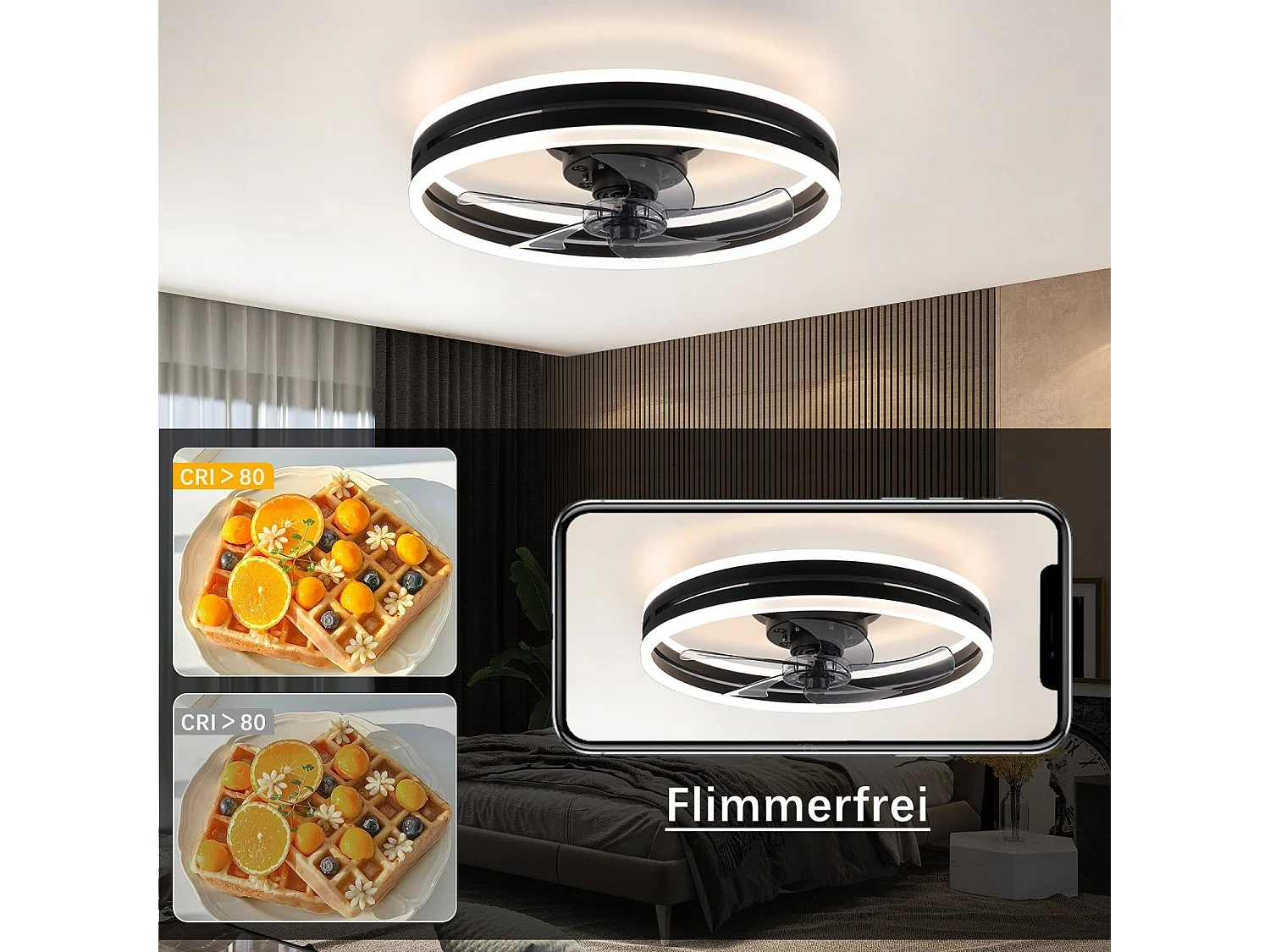NETTLIFE Ventilateur de plafond avec éclairage LED et télécommande - Silencieux, lampe plafonnier dimmable avec ventilateur, minuterie
