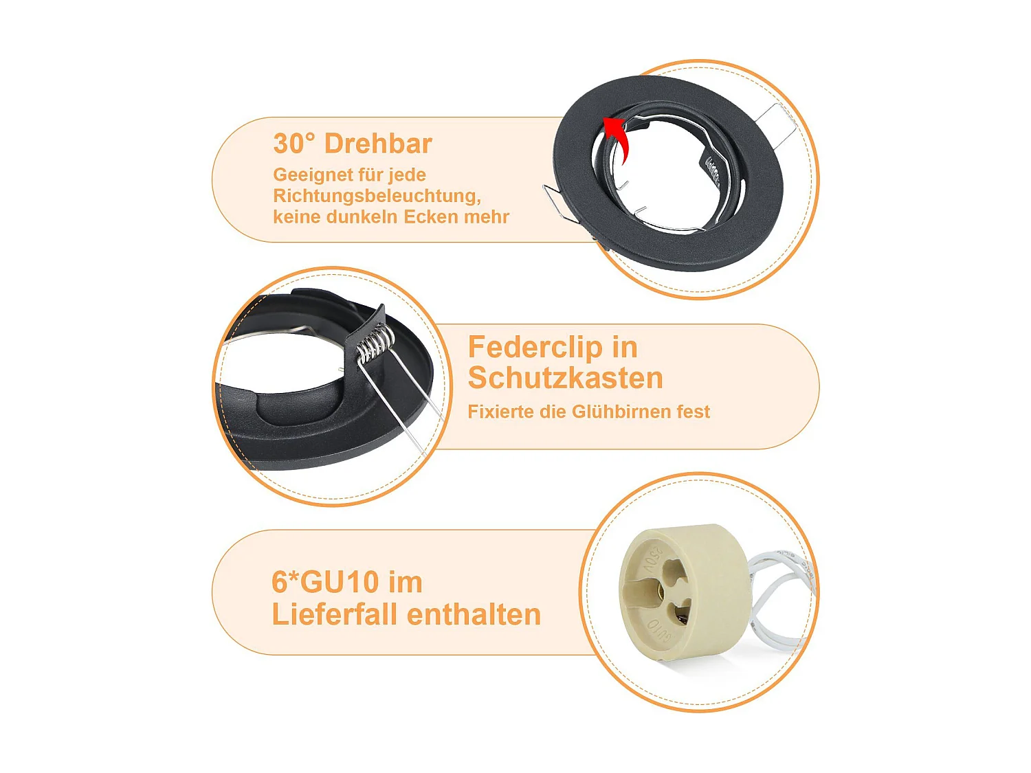 6er Set Gu10 LED Einbaustrahler, 30° schwenkbar, rund, inkl. Fassung, Chromrahmen für Halogenlampen, geeignet
