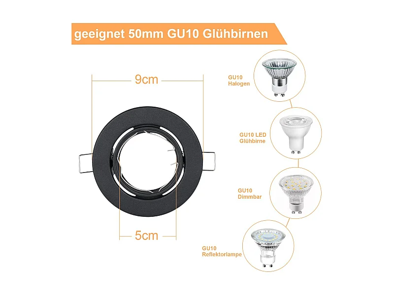 6er Set Gu10 LED Einbaustrahler, 30° schwenkbar, rund, inkl. Fassung, Chromrahmen für Halogenlampen, geeignet