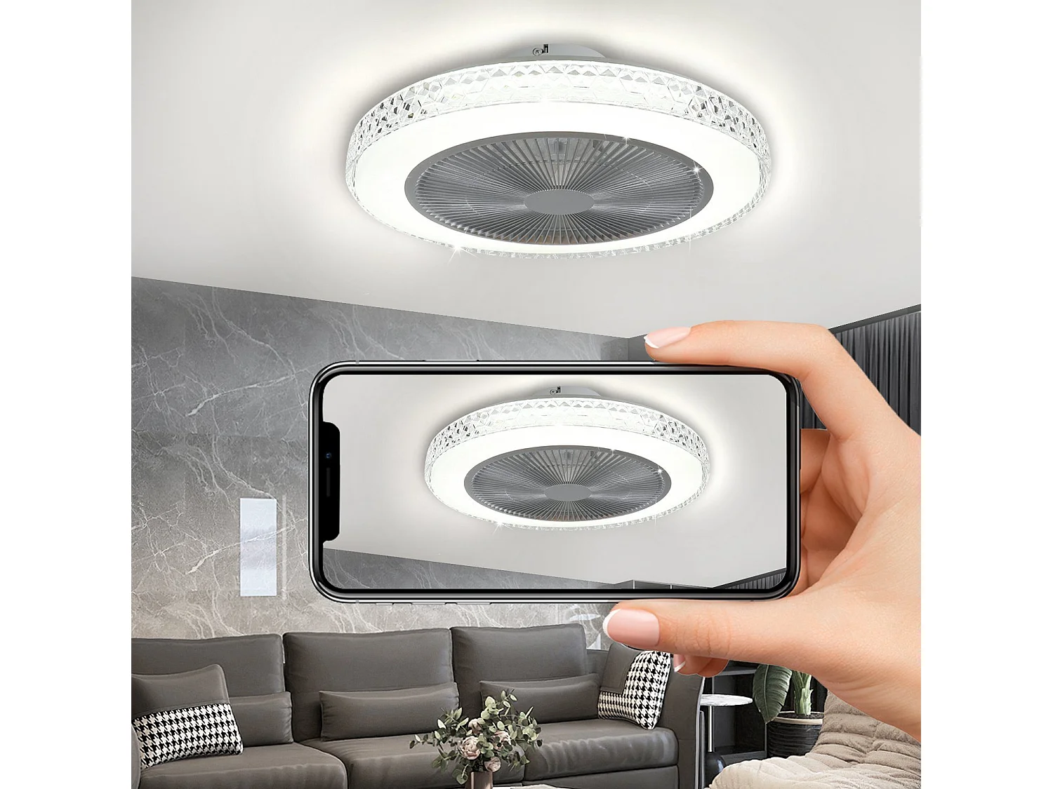 NETTLIFE Ventilateur de plafond avec éclairage LED et télécommande - Silencieux, 48.5CM, gradable, fonction timer, design cristal pour salon/chambre