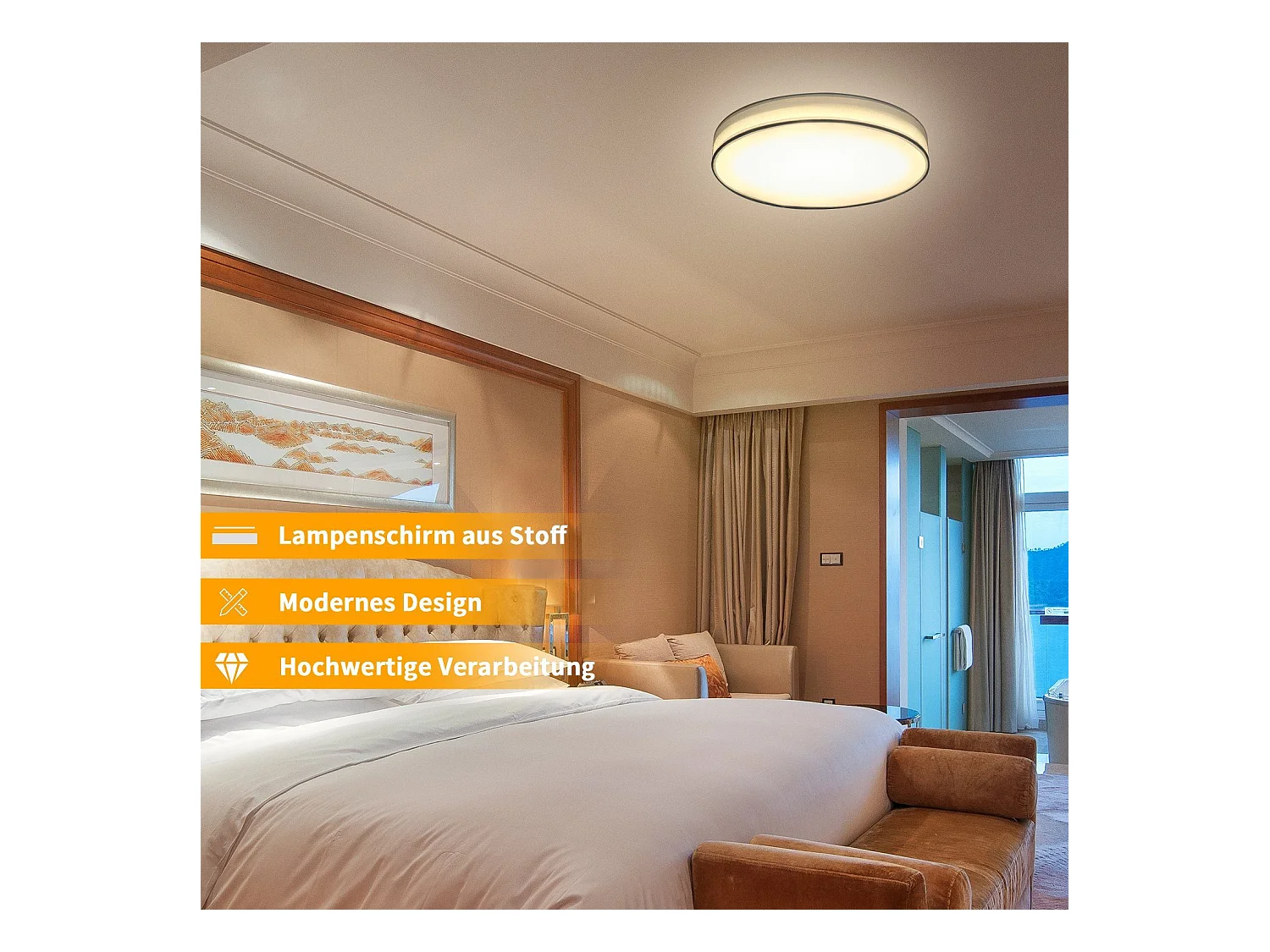 NETTLIFE Plafonnier LED Rond Blanc 30CM Moderne 12W avec Abat-Jour en Tissu 3000K Blanc Chaud pour Salon Chambre