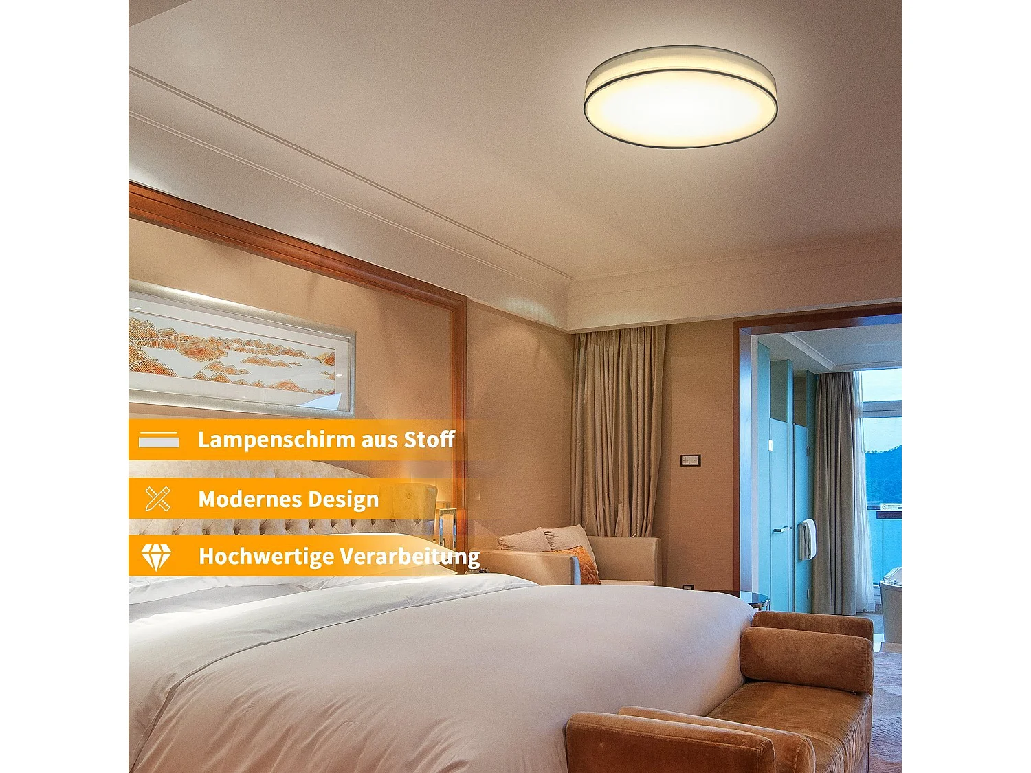 NETTLIFE Plafonnier LED Rond Blanc 30CM Moderne 12W avec Abat-Jour en Tissu 3000K Blanc Chaud pour Salon Chambre