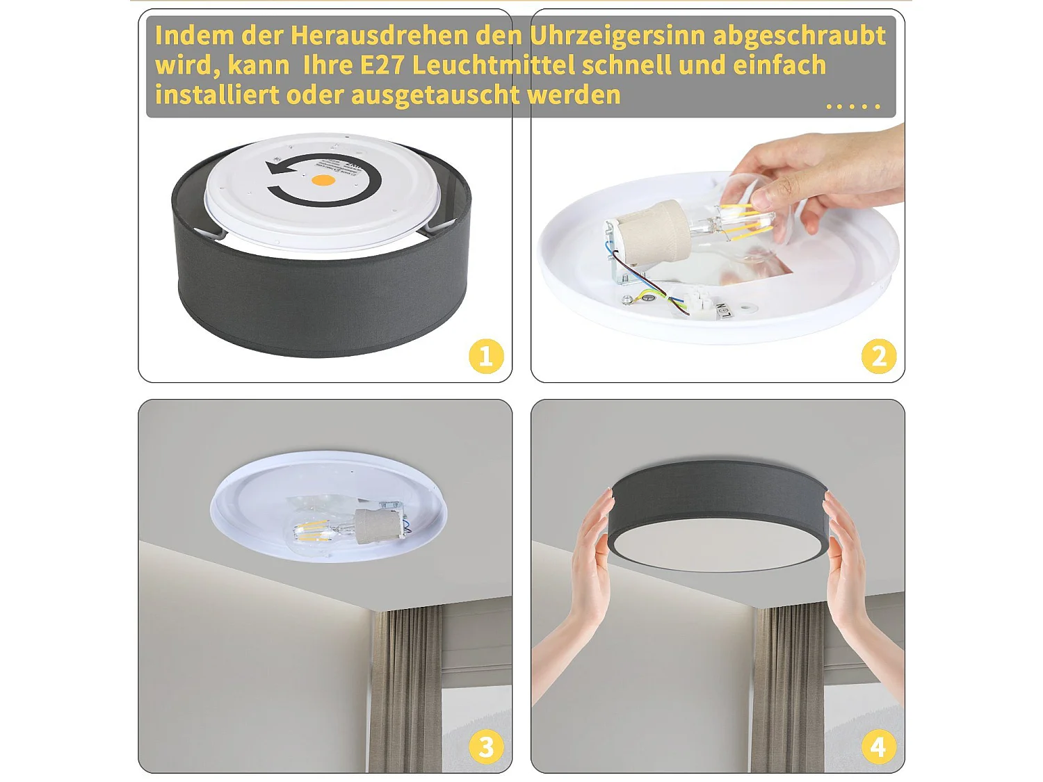 NETTLIFE Plafonnier 30CM E27 Rond Tissu Gris 1 Ampoules Moderne Lampe de Chambre Max.40w pour Salon Cuisine Couloir