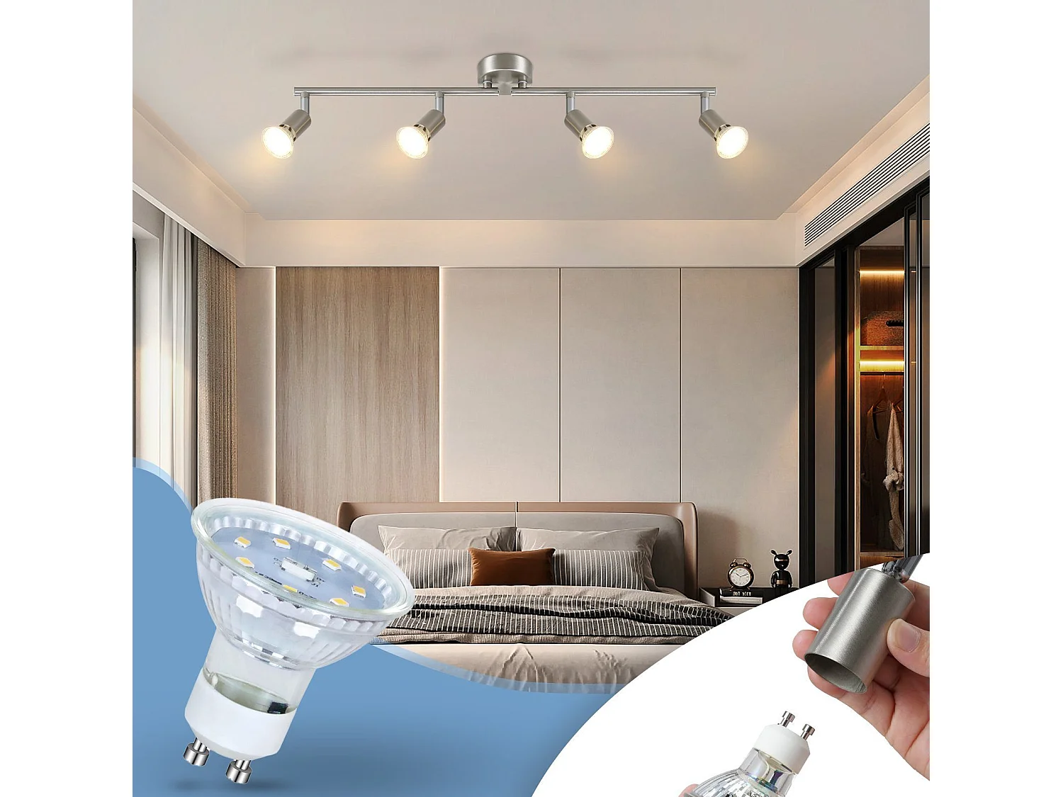 NETTLIFE Opbouwspot Plafondlamp plafondspot met 4 lichtpunten spots zilver opbouwspots L 60 cm draaibar kantelbaar GU10 fitting plafoniere excl. GU10