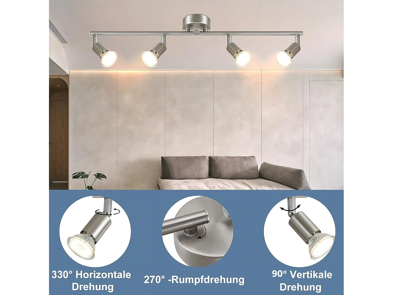 NETTLIFE 4 Nowoczesne reflektory sufitowe do salonu GU10 Obrotowa 330° Lampa ze stali nierdzewnej do sypialni w pomieszczeniach (bez żarówki)