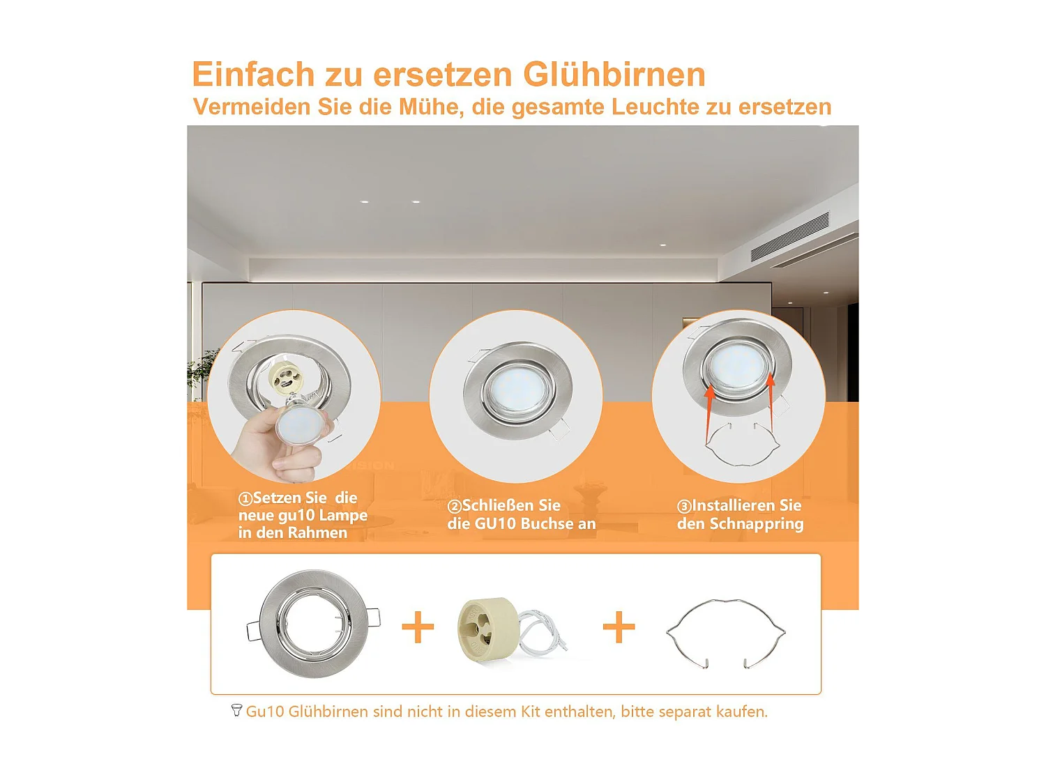 NETTLIFE Set van 6 inbouwspots GU10 met 50 mm lampvoet, 230 V, 30° draaibaar aluminium spot voor halogeen- en ledlampen