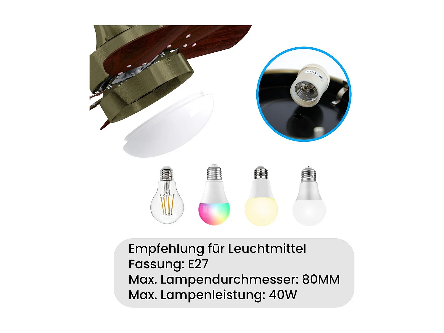 NETTLIFE Ventilateur de plafond blanc avec éclairage, télécommande, silencieux, avec minuterie, 6 pales, pour chambre à coucher