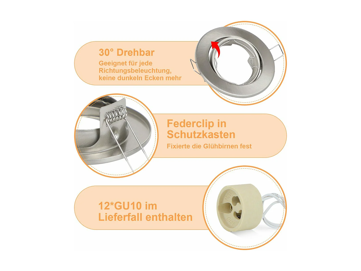 Kit 12 Spots Einbaustrahler Gu10 Fassungen 230V 50mm Lichtrahmen Einbau schwenkbar 30° für LED Halogen