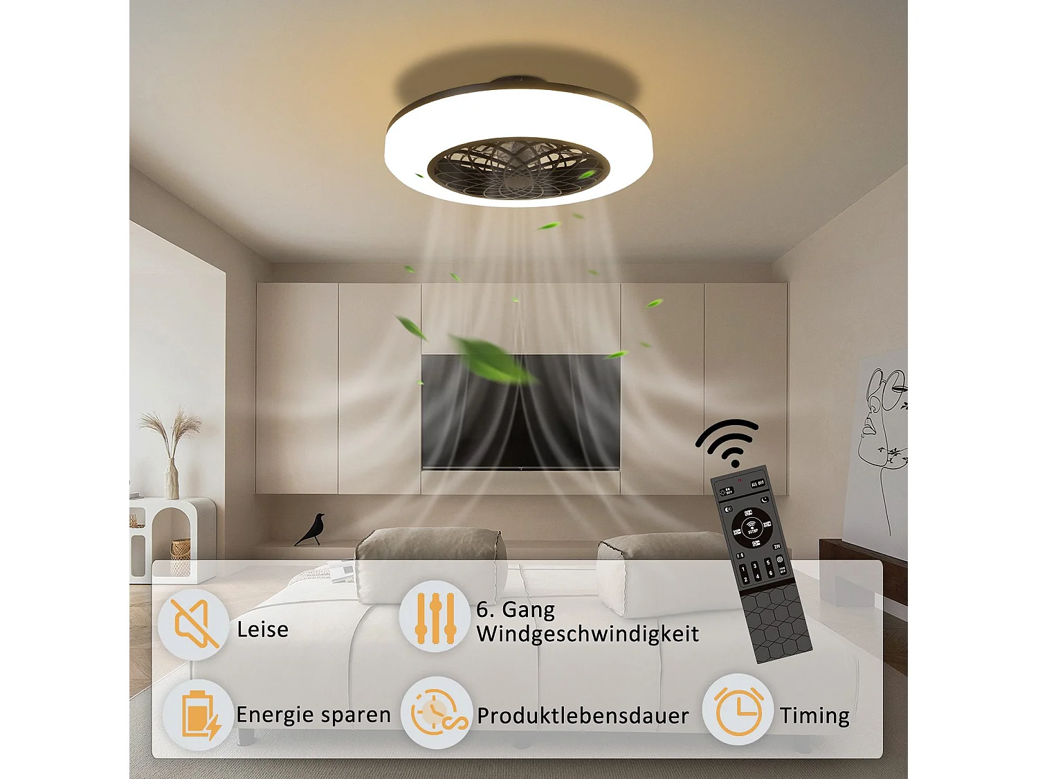 NETTLIFE Ventilateur de plafond LED avec éclairage - 49,5cm Moderne, grand & silencieux, télécommande, minuterie, 3000K-6000K dimmable
