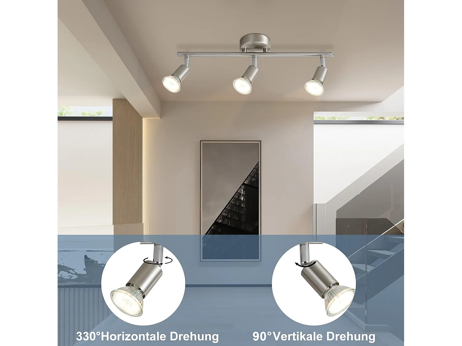 NETTLIFE 3 Spots de plafond couloir moderne GU10 pivotants à 330°lampe rotative en acier inoxydable pour salon chambre cuisine (sans ampoule)