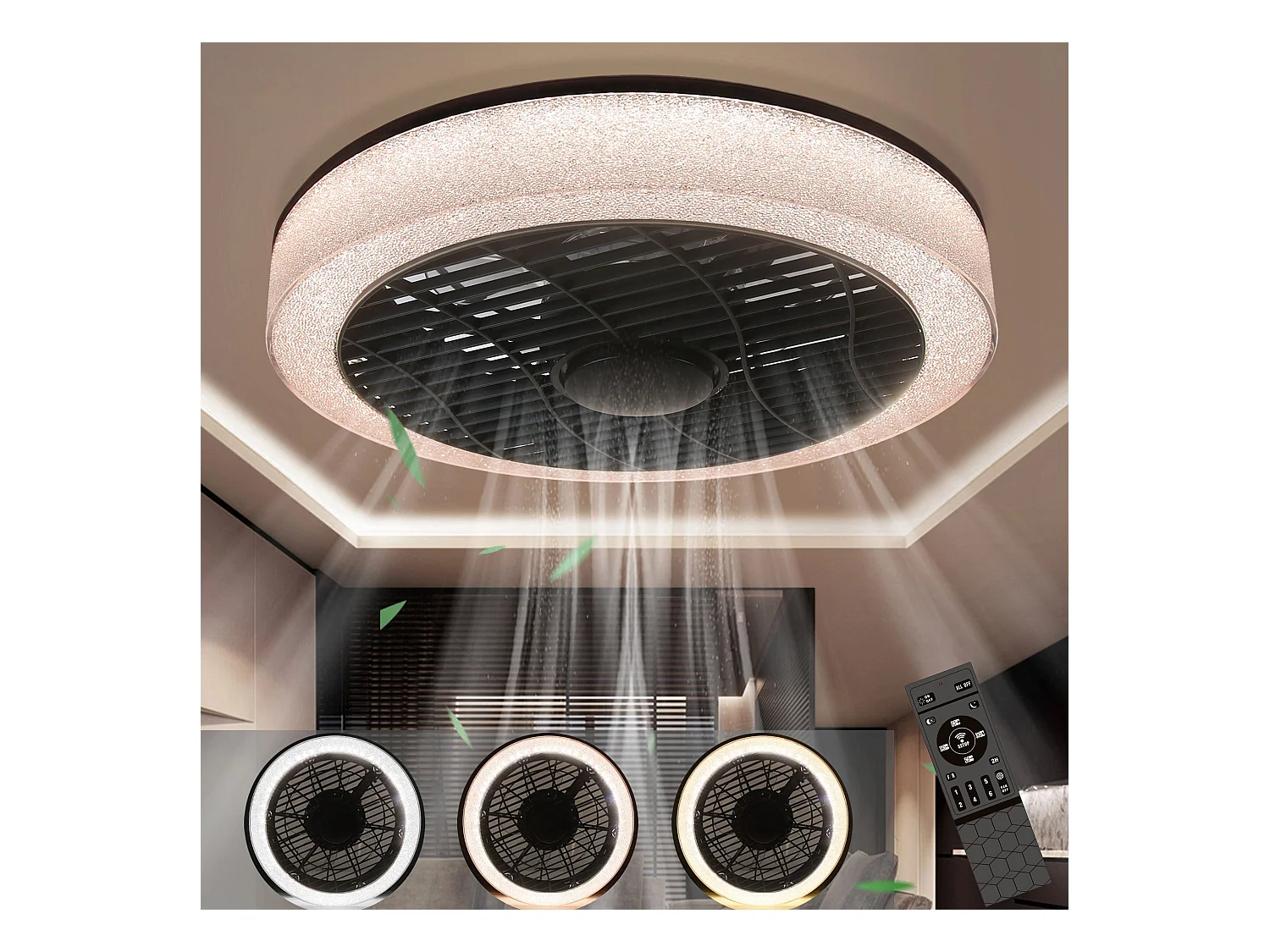 NETTLIFE Plafondventilator met verlichting zwart  en kristal  CCT dimbaar 39.5CM Ventilator met Afstandsbediening LED 40W Timing Woonkamerlamp Slaapkamer Woonkamer