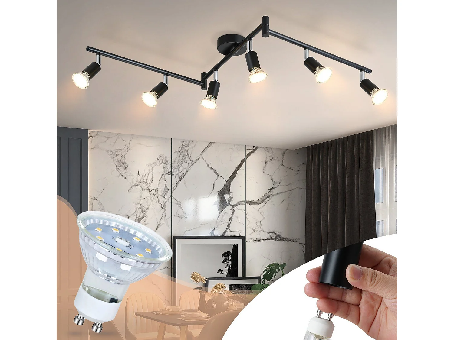 NETTLIFE 6 Spots de plafond en métal GU10 noir orientables à 330° pour cuisine salon chambre