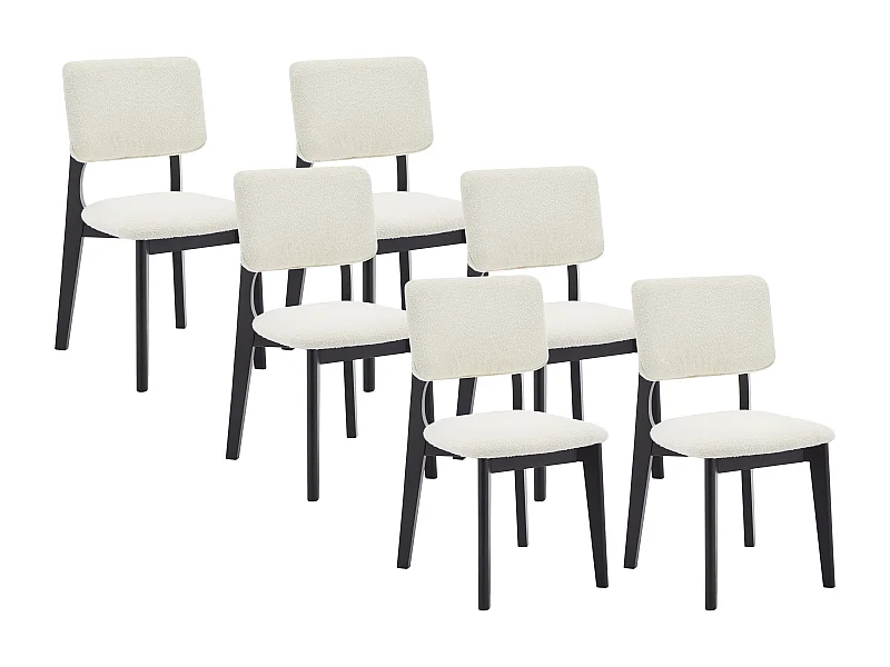 Lot de 6 chaises en tissu bouclette et bois d'hévéa - Blanc et Noir - JASMENA