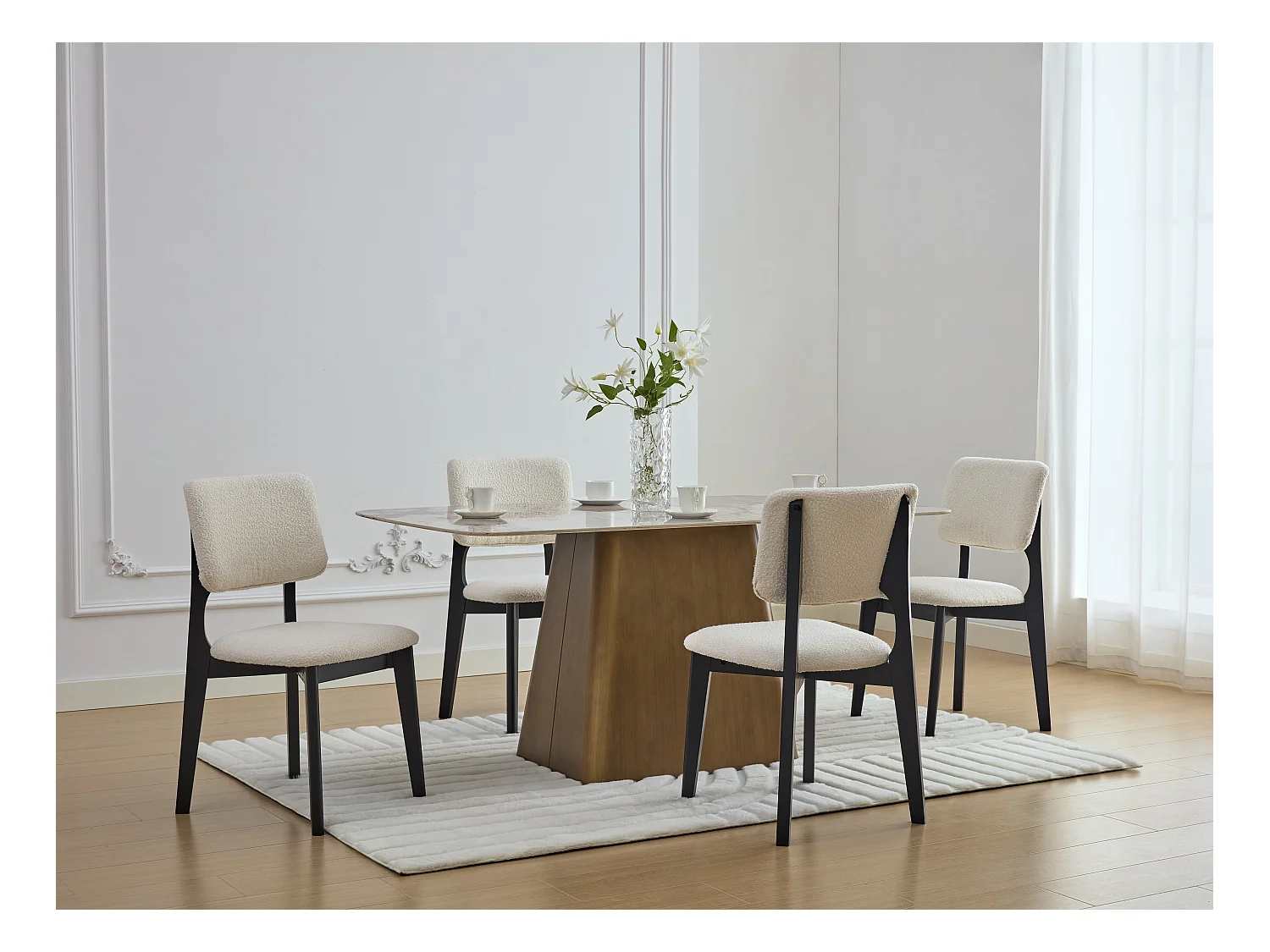 Lot de 6 chaises en tissu bouclette et bois d'hévéa - Blanc et Noir - JASMENA