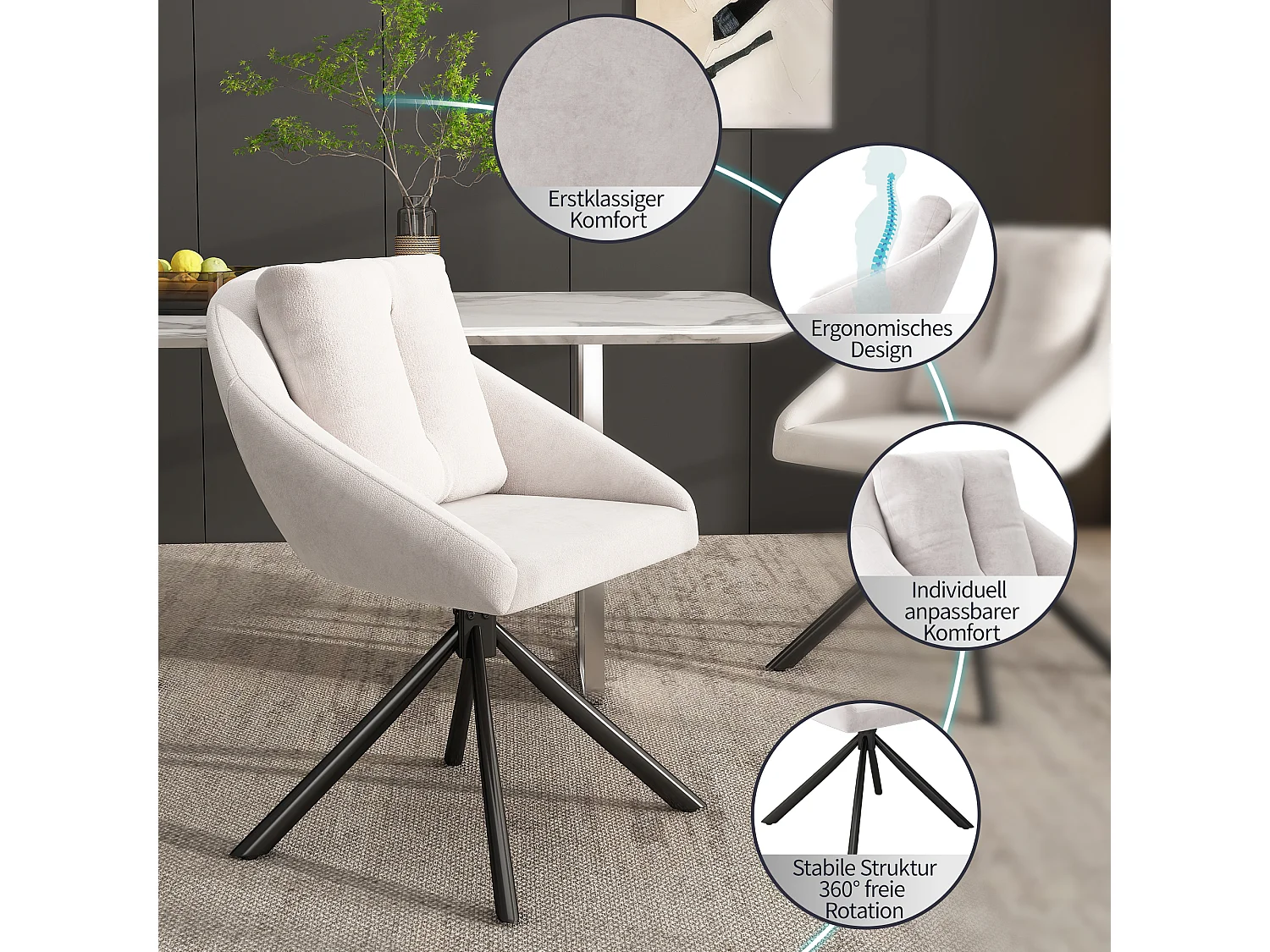 Lot de 4 Chaises pivotantes en velours - structure en métal - Beige