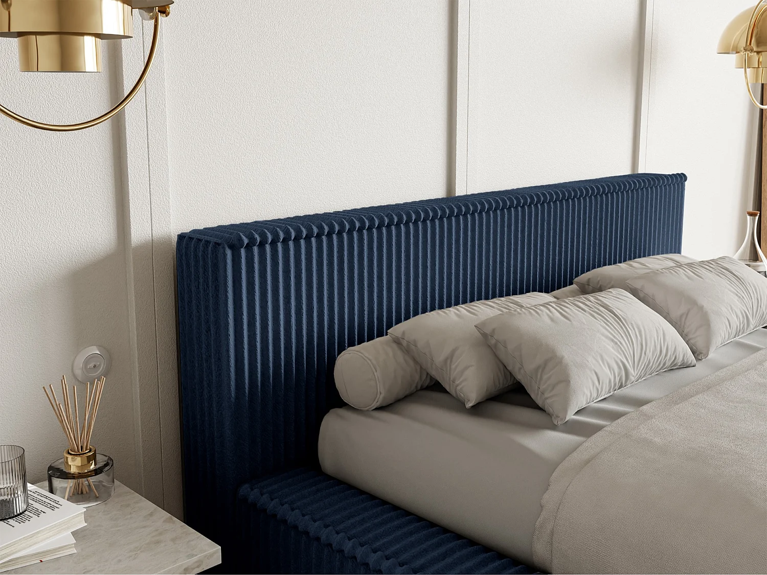 Lit coffre avec tête de lit - 140x200 cm - en velours côtelé marine - AFFOLIO