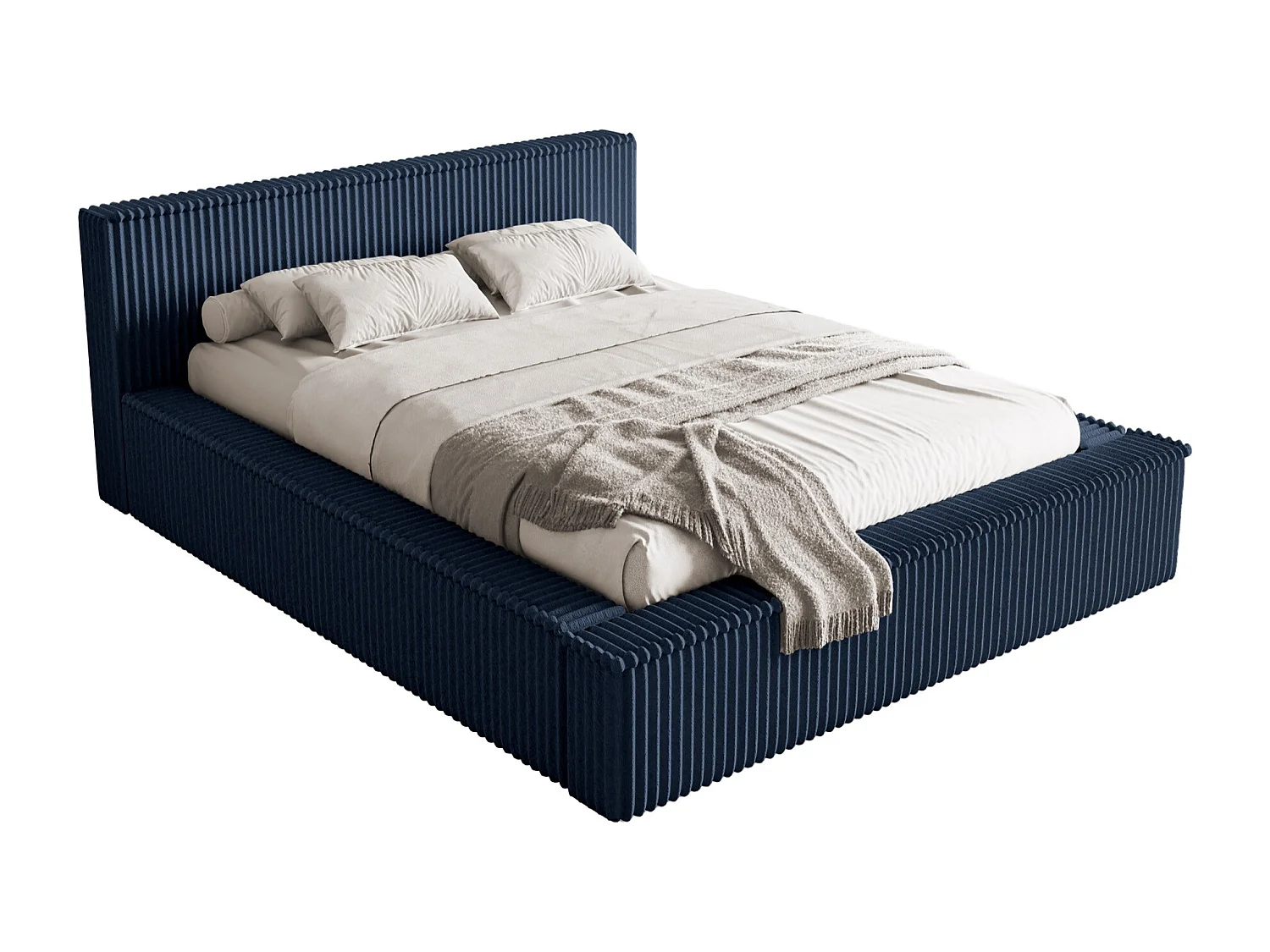 Lit coffre avec tête de lit - 140x200 cm - en velours côtelé marine - AFFOLIO